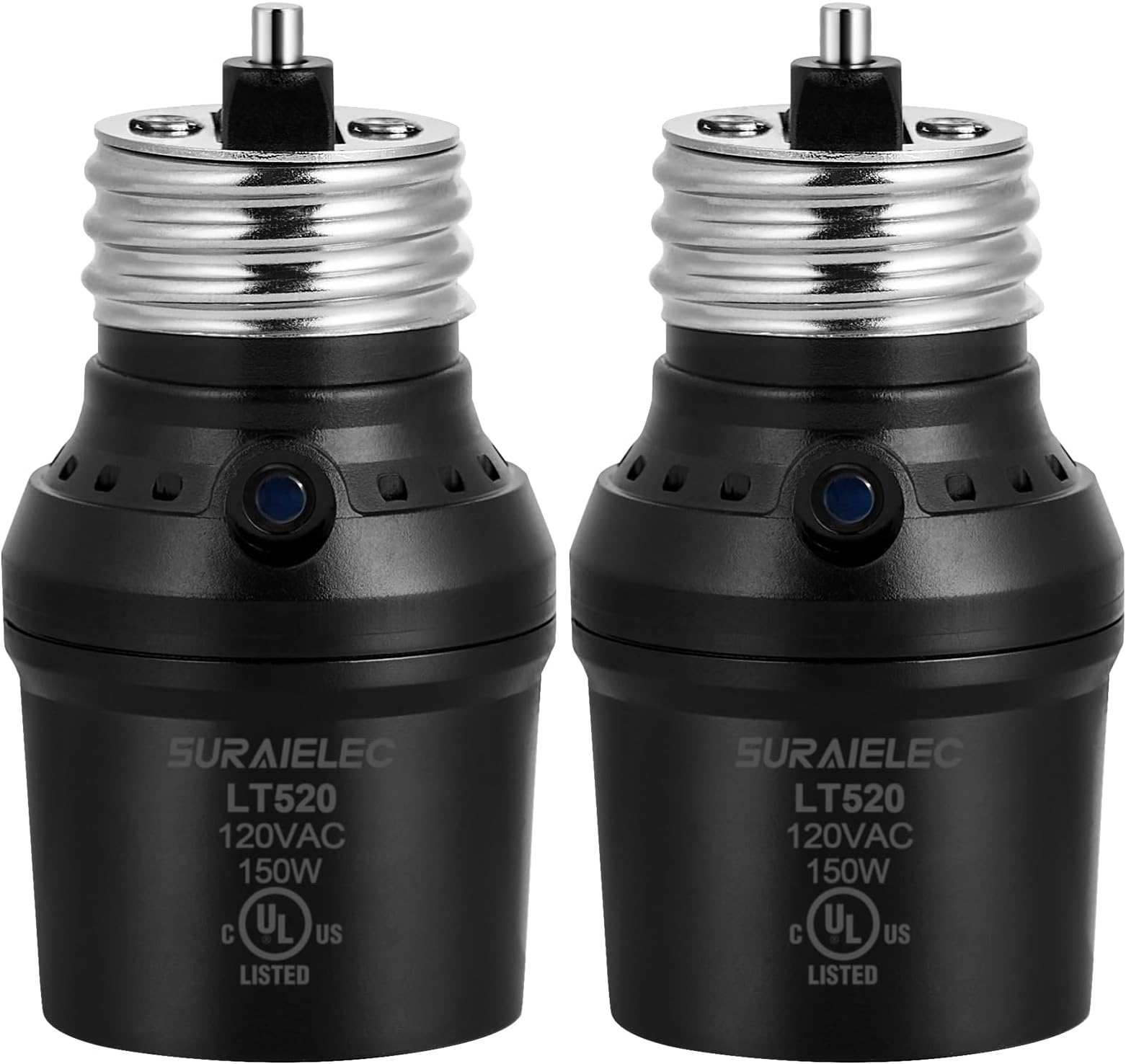 Suraielec Light Sensor Socket, Auto Dusk to Dawn Light Socket, 360° Sensor Rotation, E26 E27 Bulb Base Adapter for Outdoor Lighting, UL Listed, Black, Pack of 2