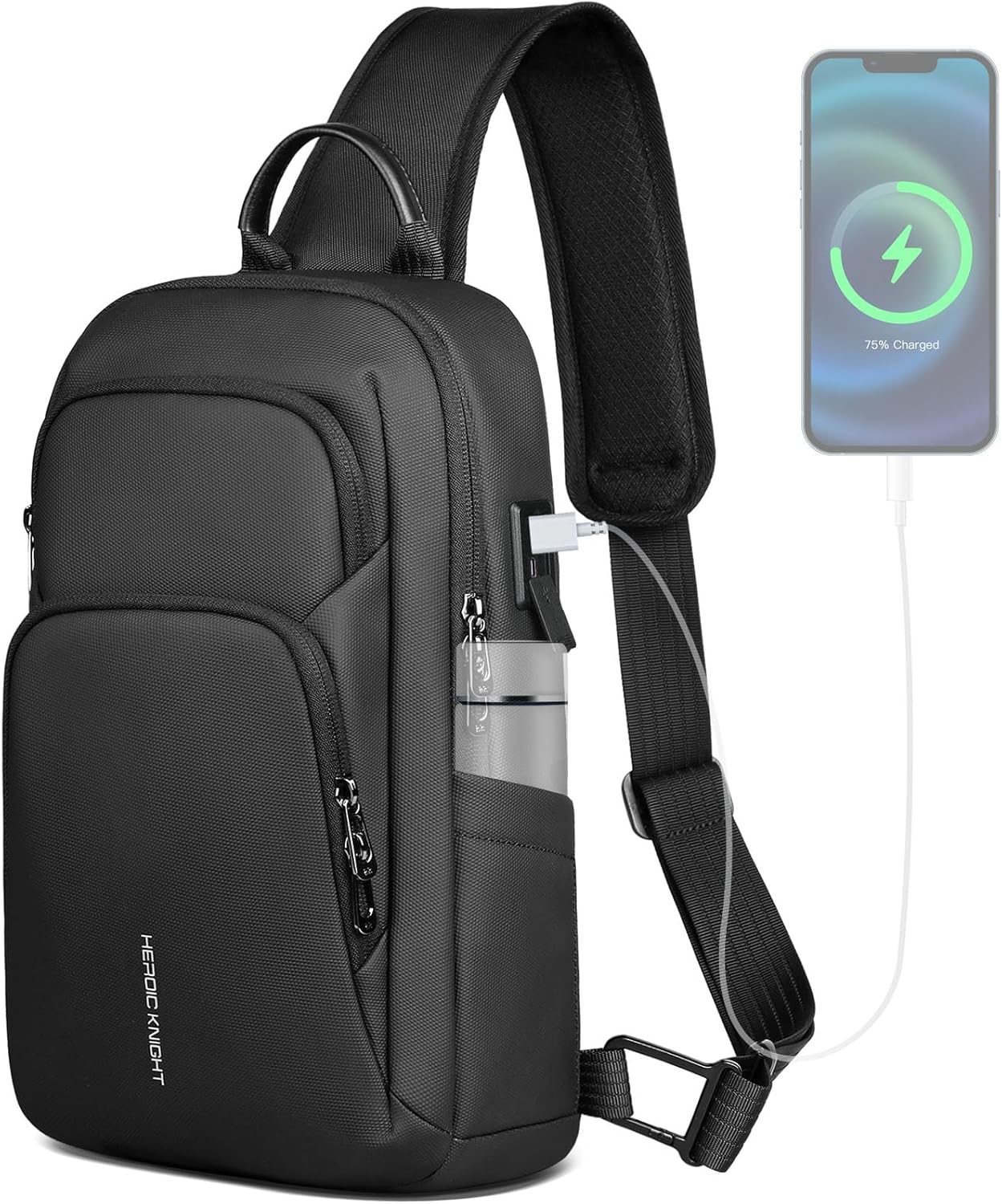 hk Sling Bag for Men with water bottles – Lightweight Waterproof Crossbody Bag with Tablet Pocket, Small Anti Theft Shoulder Bag with USB Charging Port for Daily Commute and Travel