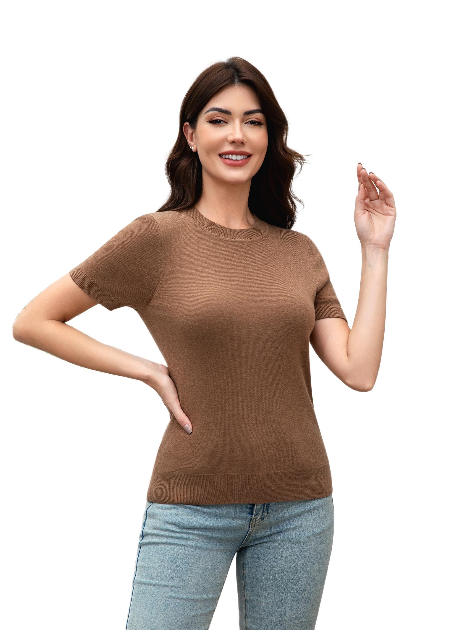 Women's Cashmere Blend Short Sleeve Sweater Crewneck - 1