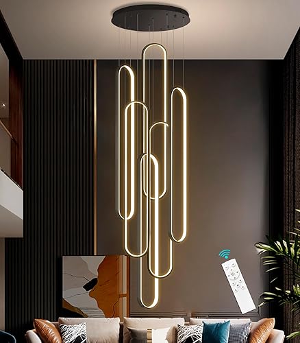 Candelabro moderno de 6 anillos, luz LED negra grande contemporánea para escalera, lámparas de techo alto regulables con control remoto para villa