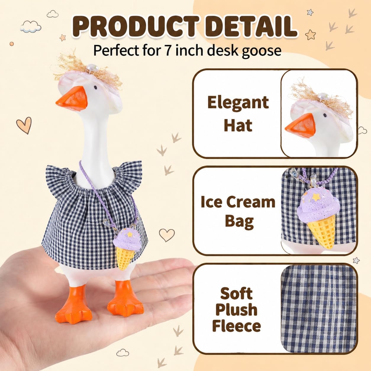 4 Set 7inch Desk Goose Outfits, Mini Desktop Goose Clothes with Hat, Floral Skirt, Bag Ornament & Glasses image 3