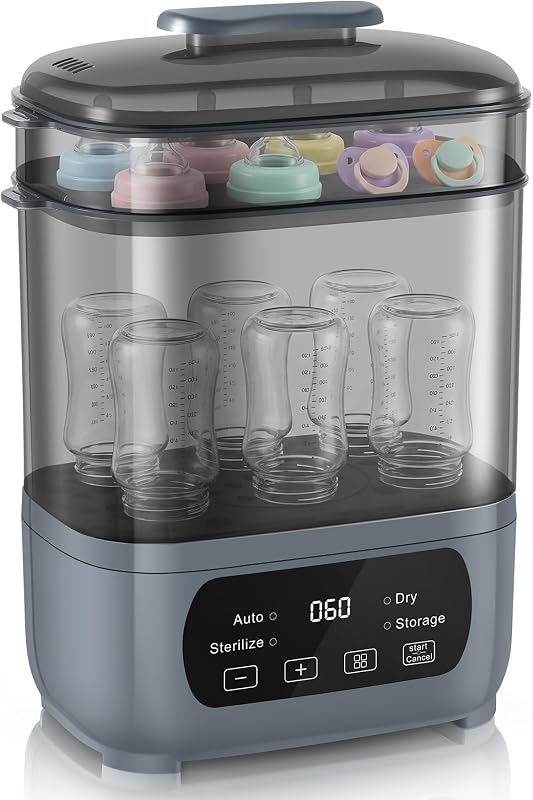 AMZBABYCHEF Vaporizador y secador de biberones 4 en 1, vaporizador eléctrico con secado rápido, ajuste universal para todos los biberones, pantalla táctil LED y protección de apagado automático (gris)