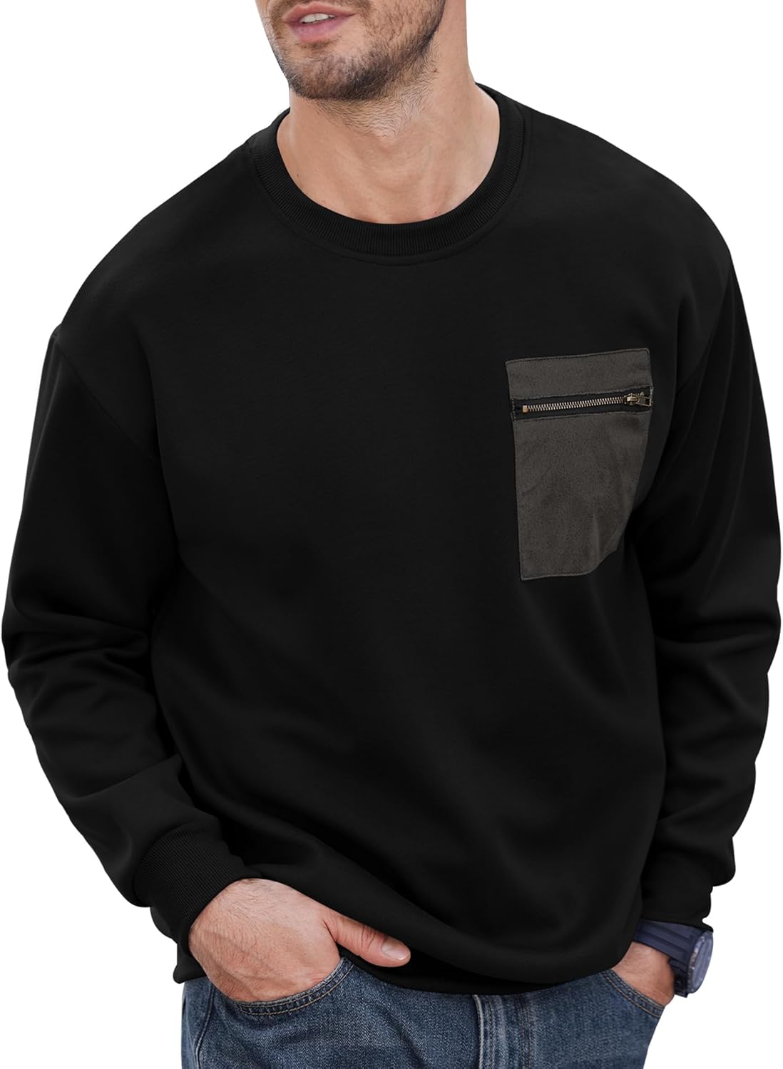 VOGSTART Men's Casual Crewneck Sweatshirts Loose-Fit Fashion Long Sleeve Pullover with Chest Pocket (S-XXL)