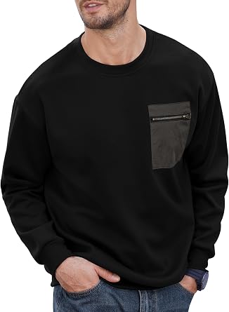 VOGSTART Mens Casual Crewneck Sweatshirts Loose-Fit Fashion Long Sleeve Pullover with Chest Pocket S-XXL
