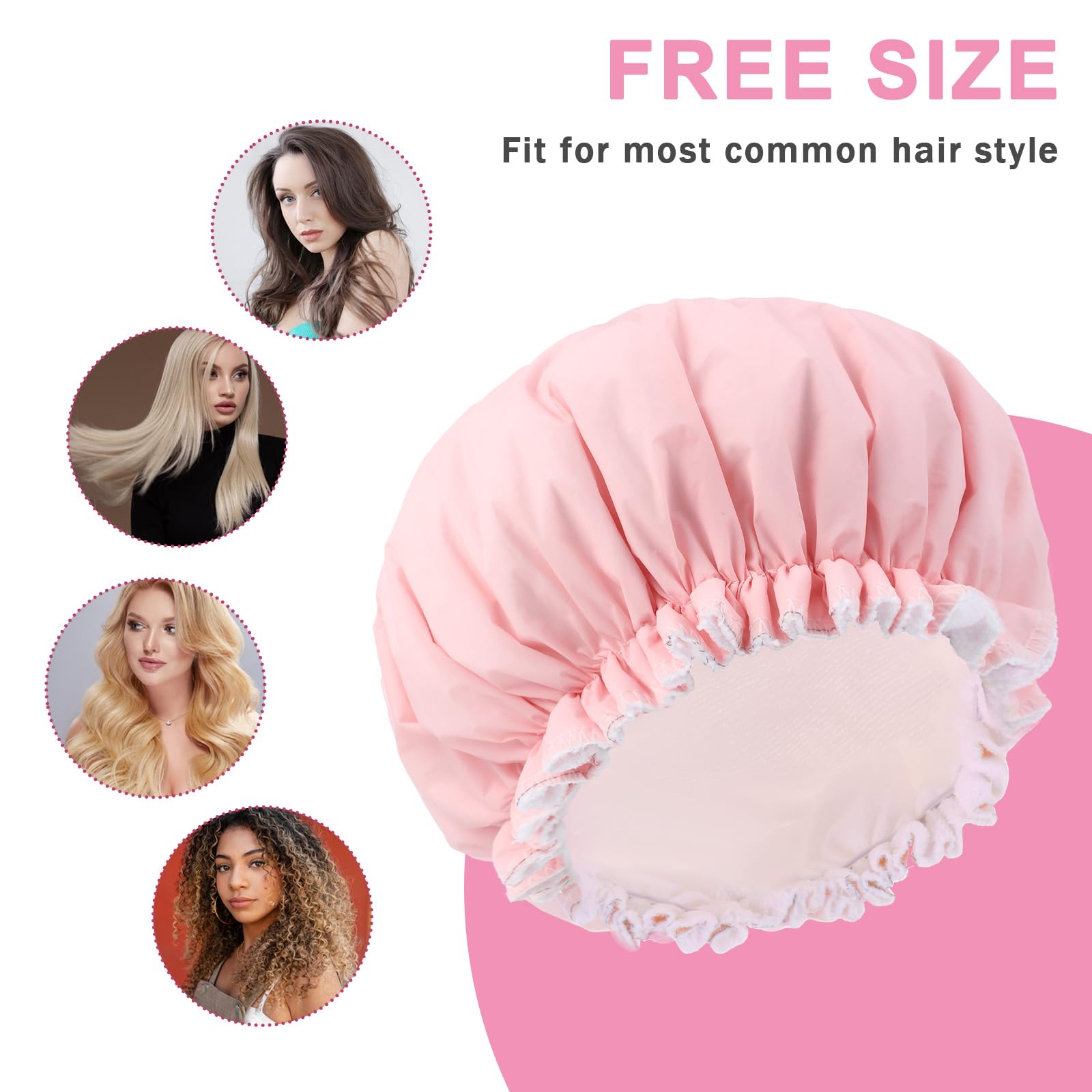 JIYIN Shower Caps for Women Terry Cloth Lined Shower Cap Double Layer Reusable Bath Cap Waterproof Elastic Band Hair Cap for All Hair Lengths for Women Spa Home Salon Use(Pink) - Image 3