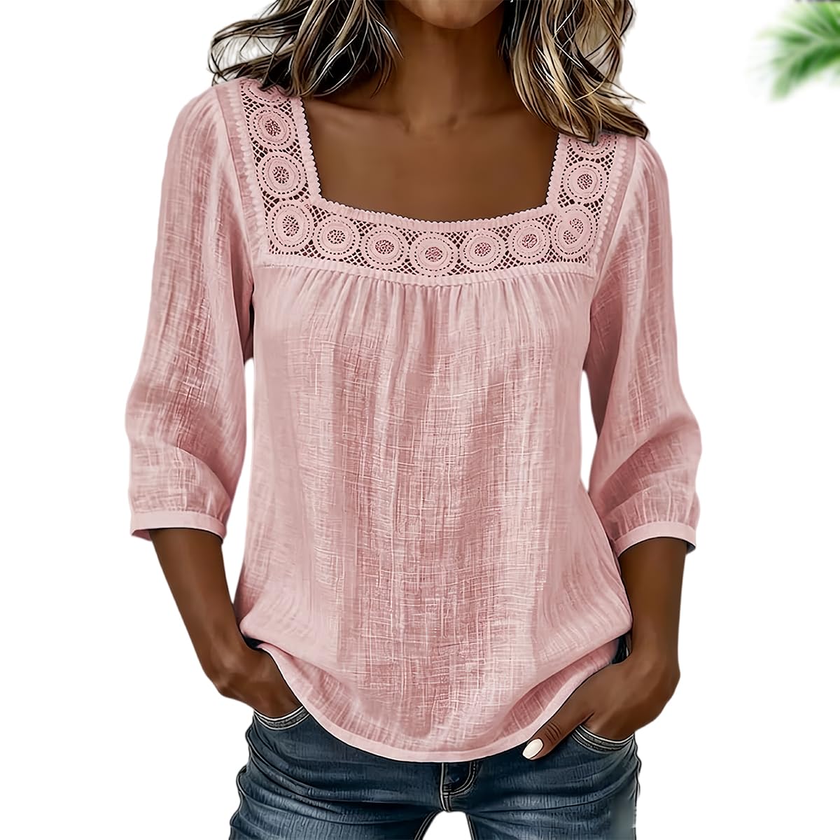 Generico Top da Donna a Maniche a 3/4 Stile Boho con Scollo Quadrato, Finiture all'Uncinetto, vestibilità Ampia ed Elegante, in Garza Traforata con Pizzo