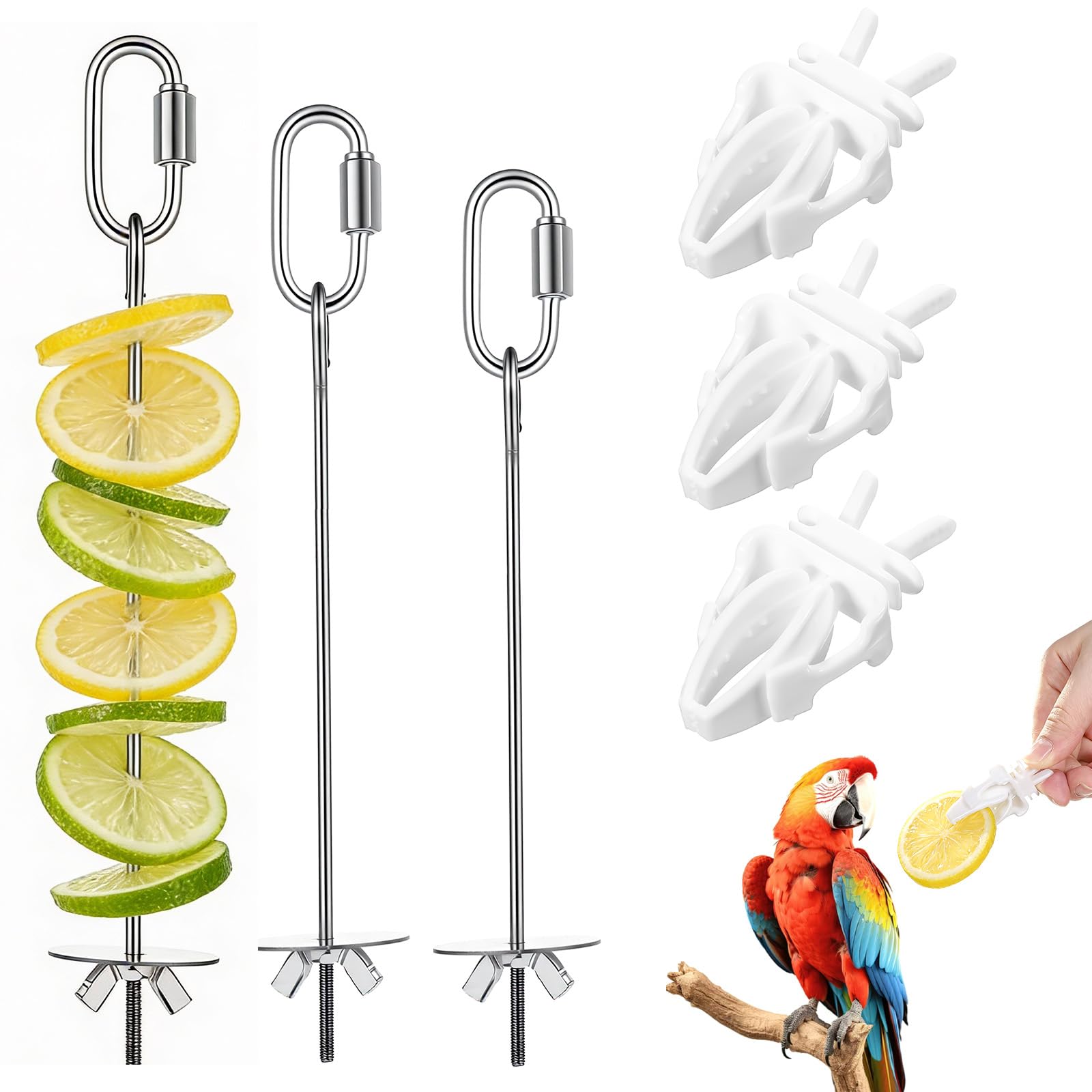 6 PCS Bird Treats Skewer, Parakeet Hanging Food Holder, Bird Cage Food Holders, Stainless Steel Fruit Vegetable Stick Holder for Hanging Birds Foraging Toys for Macaw Parakeet Budgie (3 Sizes)