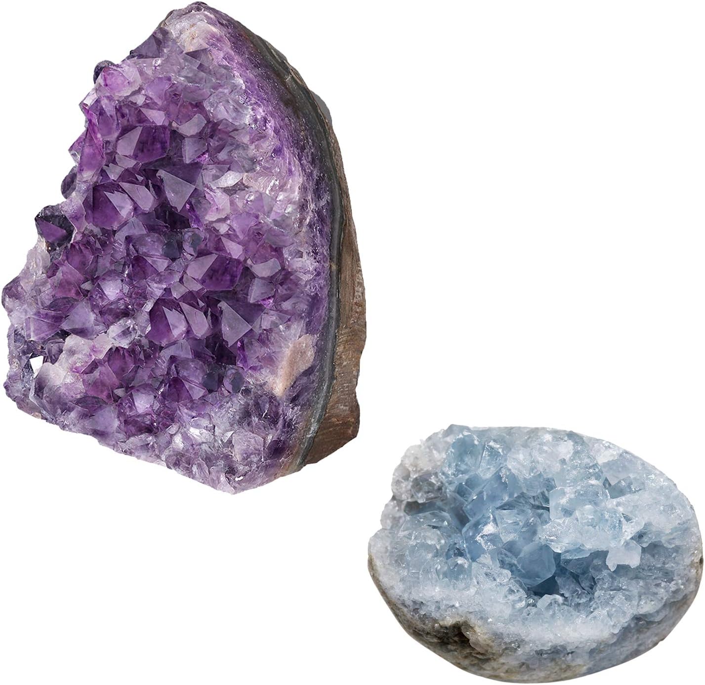 mookaitedecor Bundle - 2 Items: Natural Celestite Mineral Crystal Geode Cluster Specimen Stone & Natural Amethyst Cluster Stone Raw Geode Quartz Mineral Specimen
