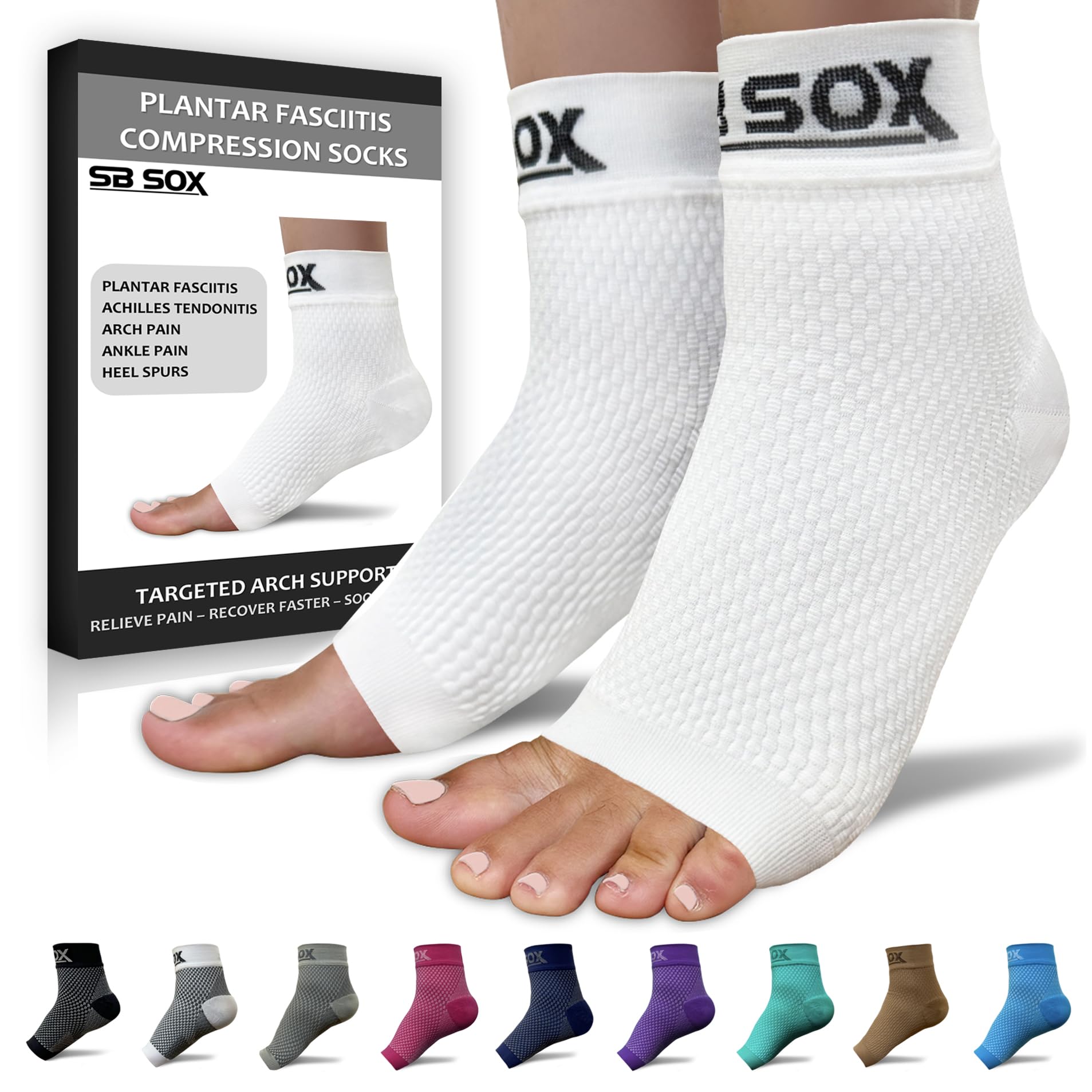 SB SOX Plantar Fasciitis Relief Socks – Ankle Brace Compression Sleeve – Arch Support for Foot Pain, Swelling, Heel Spurs – Foot Brace for Achilles Tendonitis Relief, Injury Recovery (Solid White, Small)