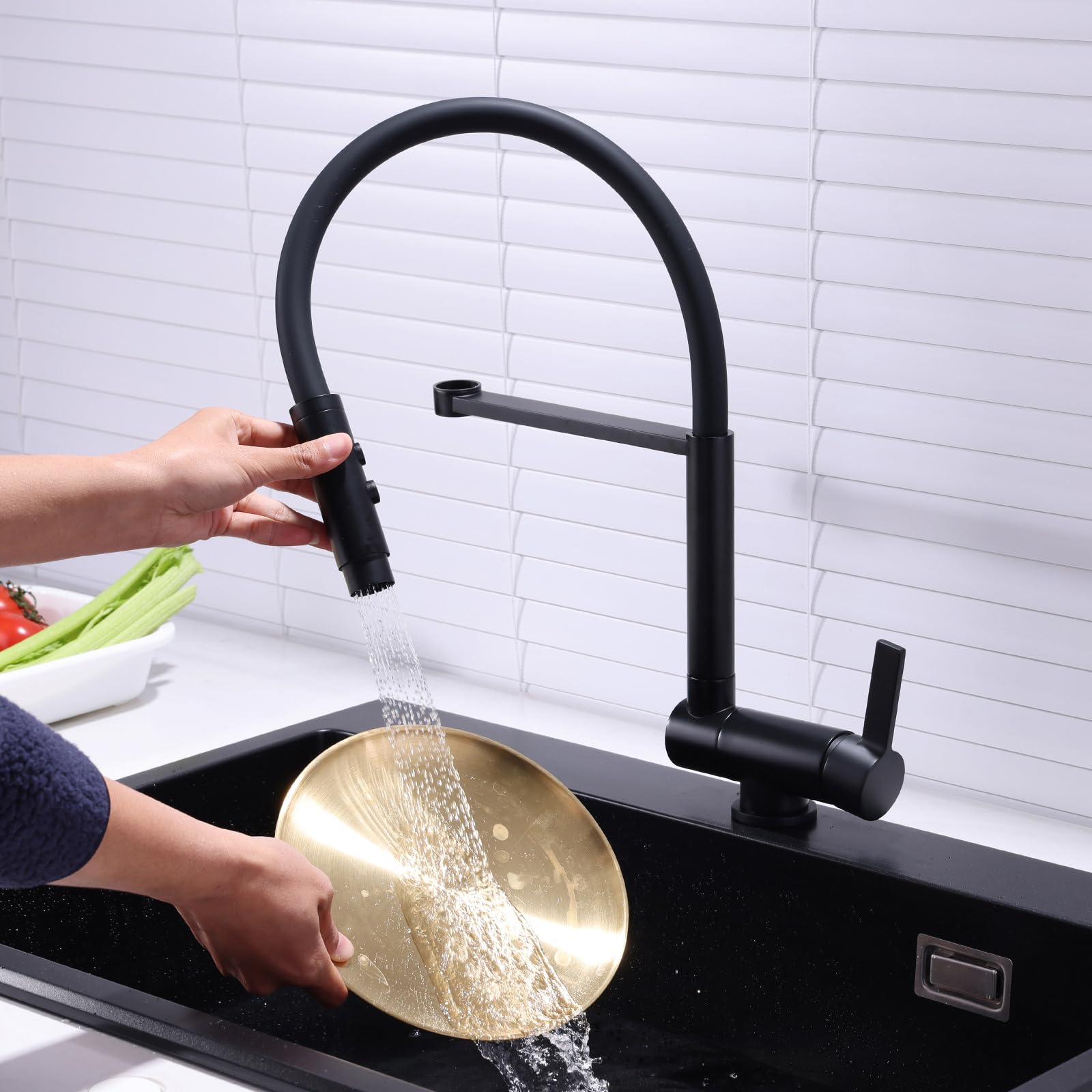 Grifo Cocina Abatible Negro Grifo de Cocina Fregadero Monomando Extraible Giratorio 360° Grifo Flexible Cocina