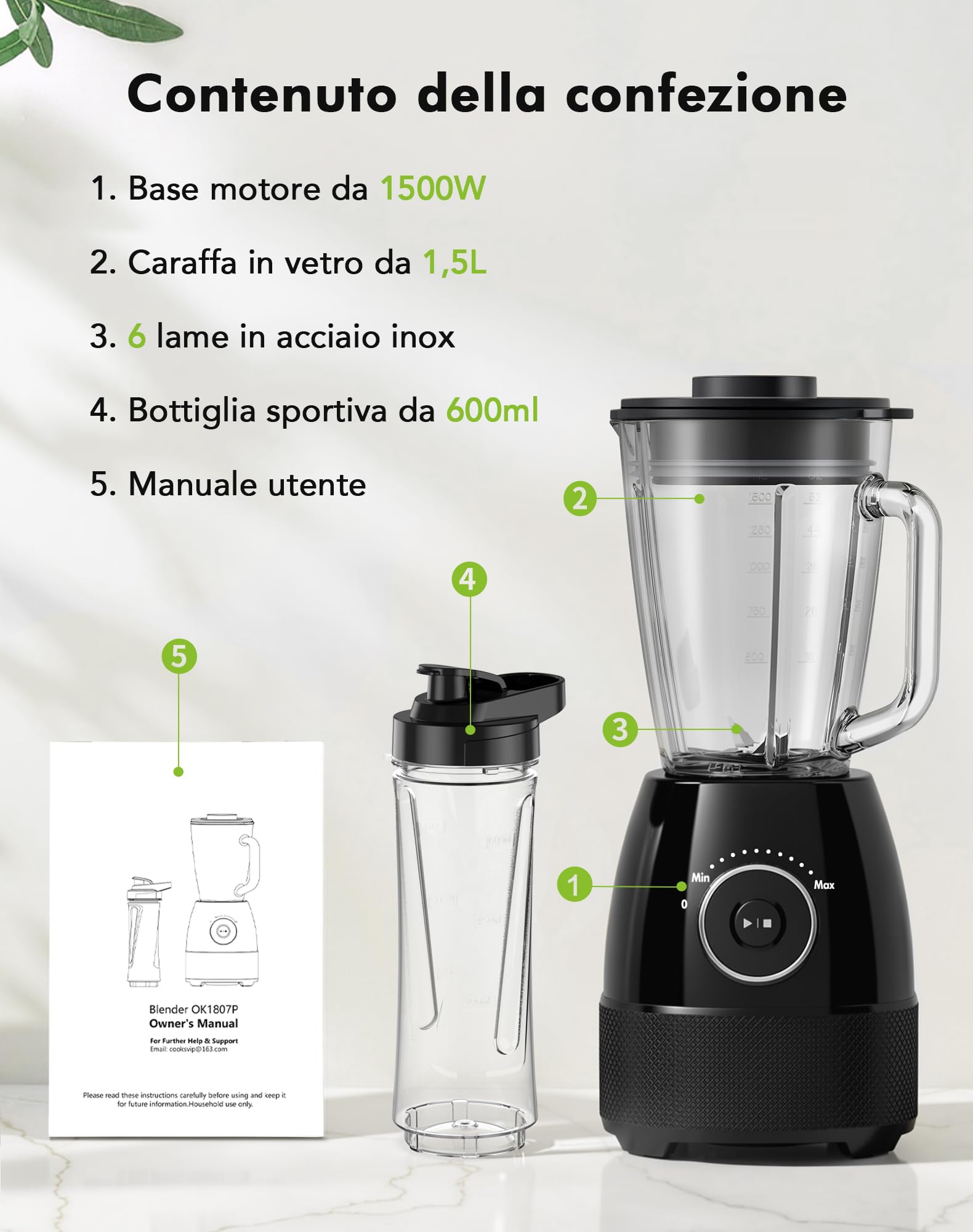 Frullatore, 1500W Elettrico Frullatore Smoothie con Caraffa in Vetro da 1,5L e Bottiglie Portatili 600ml, Velocità Regolabile, Lama in Acciaio Inox per Gelato, Frutta, Verdura