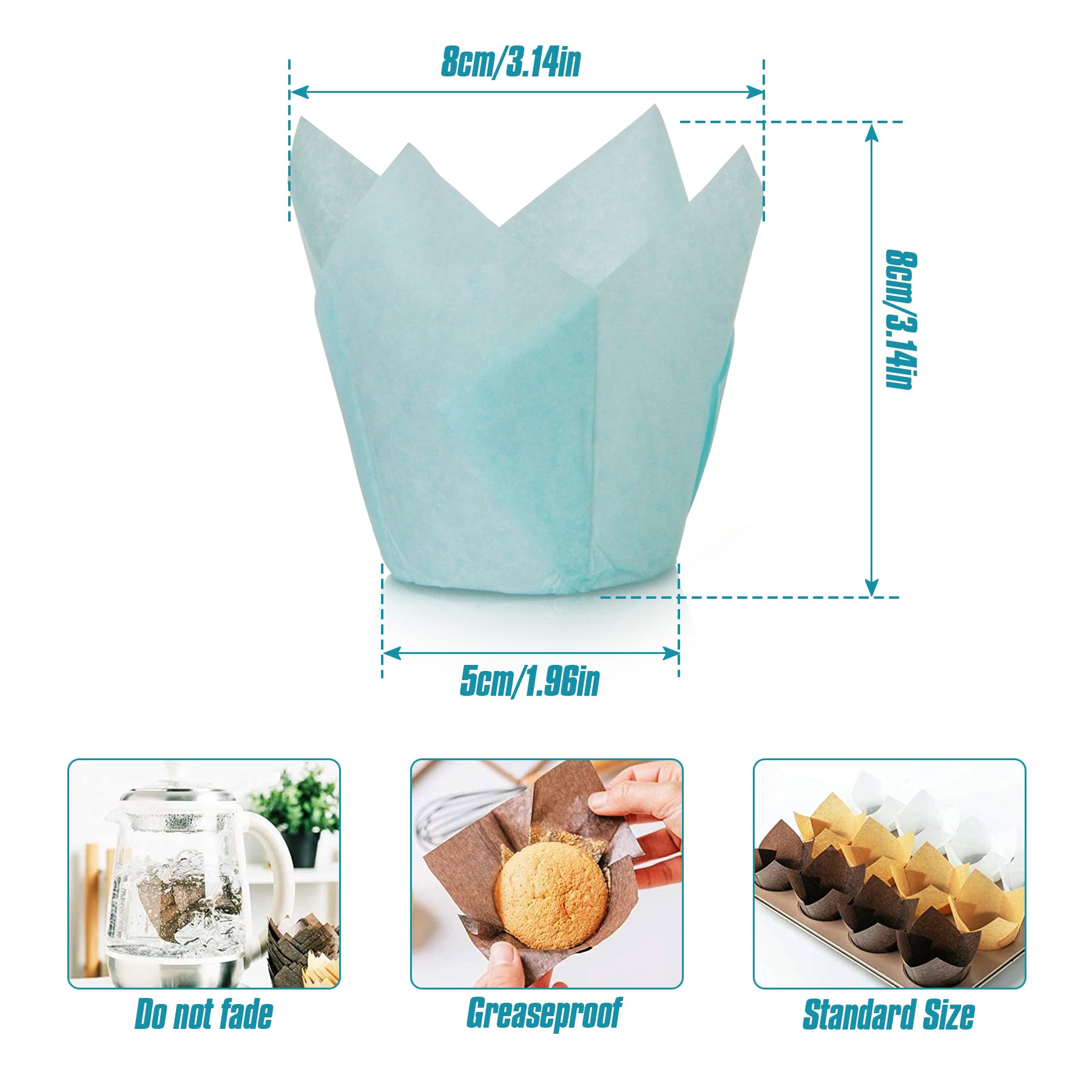 Spesh 100 sztuk papierowych foremek do muffinek w kształcie tulipanów, babeczek, tulipanów, jednorazowych kubków do pieczenia, na wesela, urodziny, Wielkanoc, spotkania rodzinne (niebieskie)