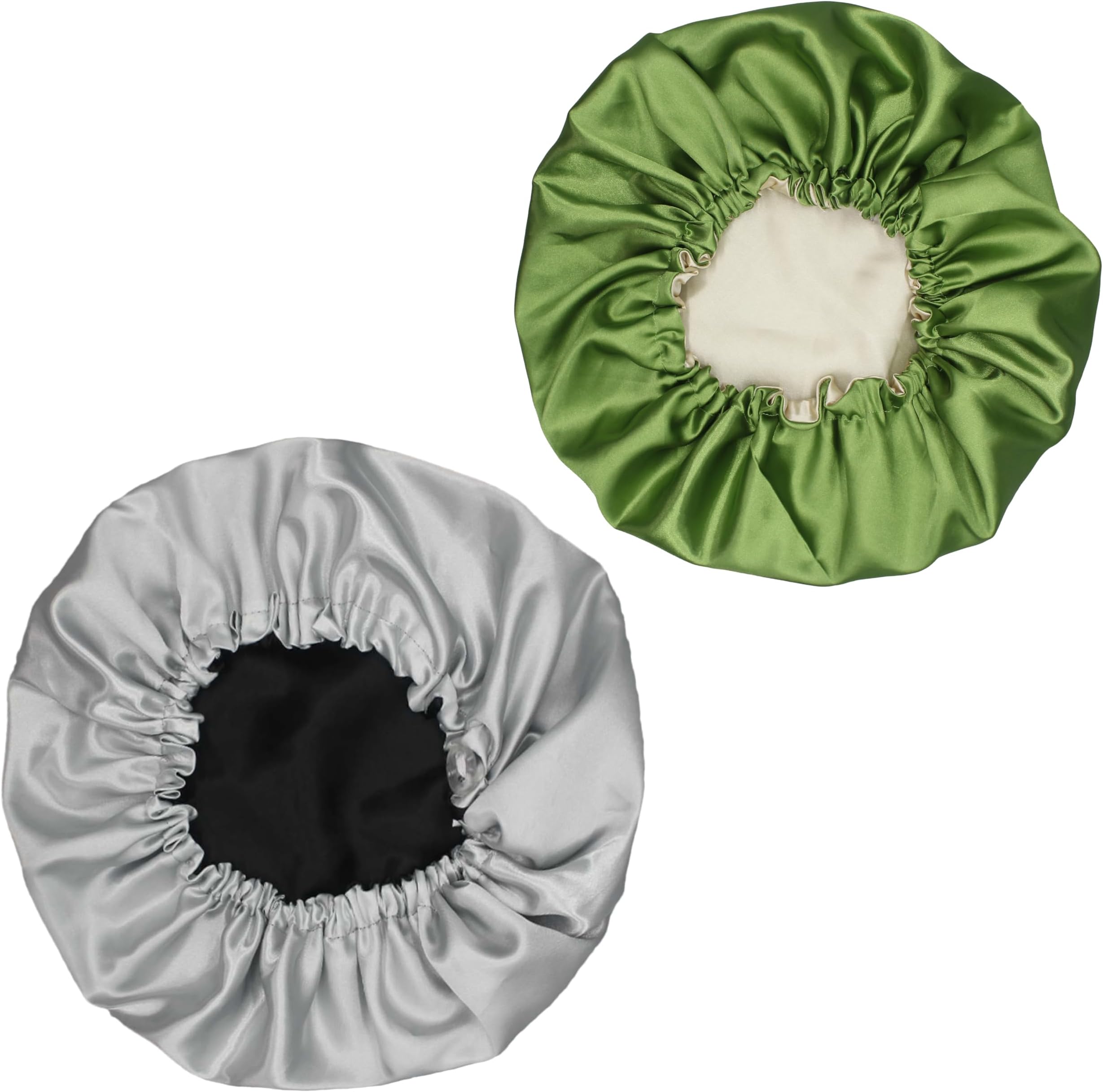 NW Satin Sleep Cap, Double Layer Reversible Adjustable Satin Cap, Silk Bonnet, Reusable Bath Hair Cap for Ladies, Men and Kids 2 Pack (Silver + Fern Green)