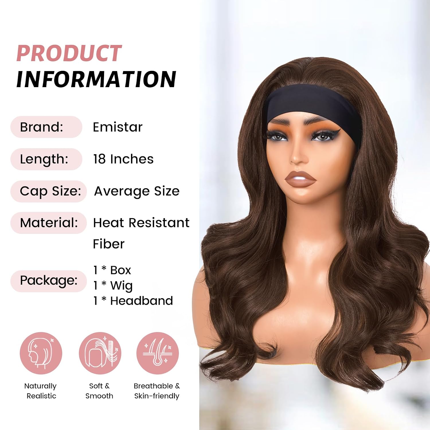 Wavy Headband Wig Loose Body Wave Glueless Synthetic Hair for Black Women None Lace Front Wigs Headband Wigs 150% Density (Choc Brown)