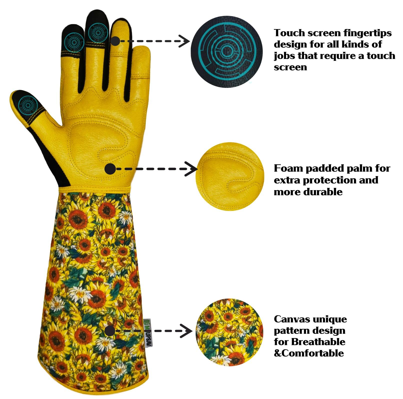 Gartenhandschuhe für Damen, lange Gartenhandschuhe, Dornensicher und durchstichfest, lange Handschuhe, Gartengeschenke und Gartengeräte für Frauen (klein, Sonnenblume)