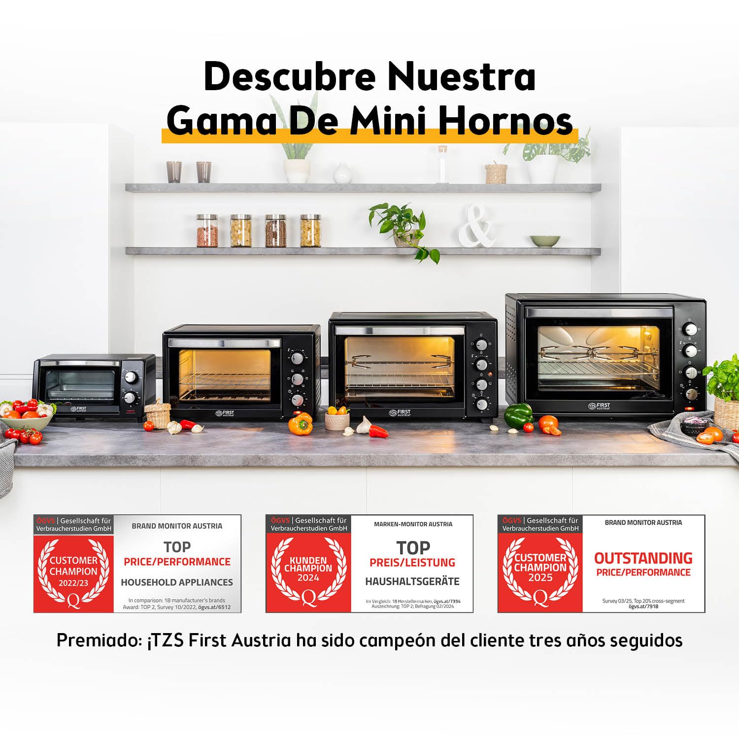 First Austria Mini Horno 30L 1600W Horno Eléctrico con Termostato 230°C Temporizador 60min 3 Alturas Bandeja Parrilla