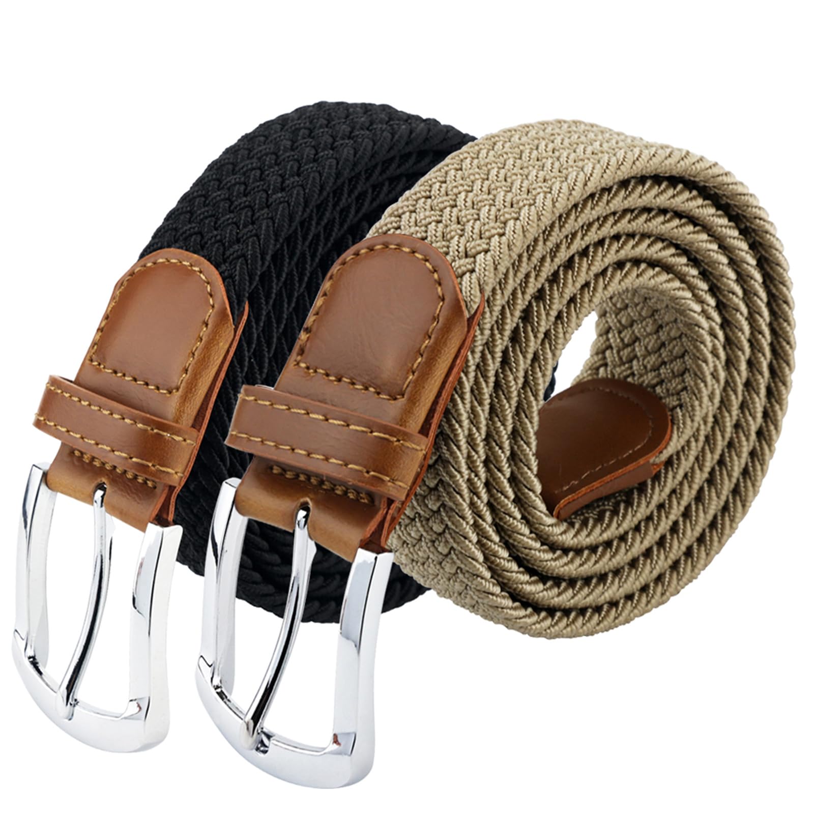 maikun Braided Elastic Stretch Woven Belt with Leather Tip Nickle Pin Buckle Black Grey
