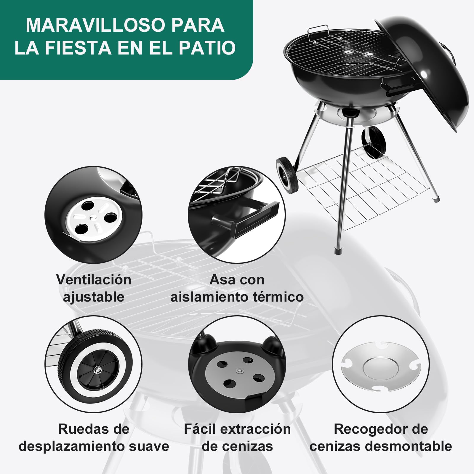 HYCHIKA Barbacoa de Carbón Redonda, Ø47cm 18pulgada Parrilla Compacta con Tapa y Ruedas para Jardín, Balcón y Camping