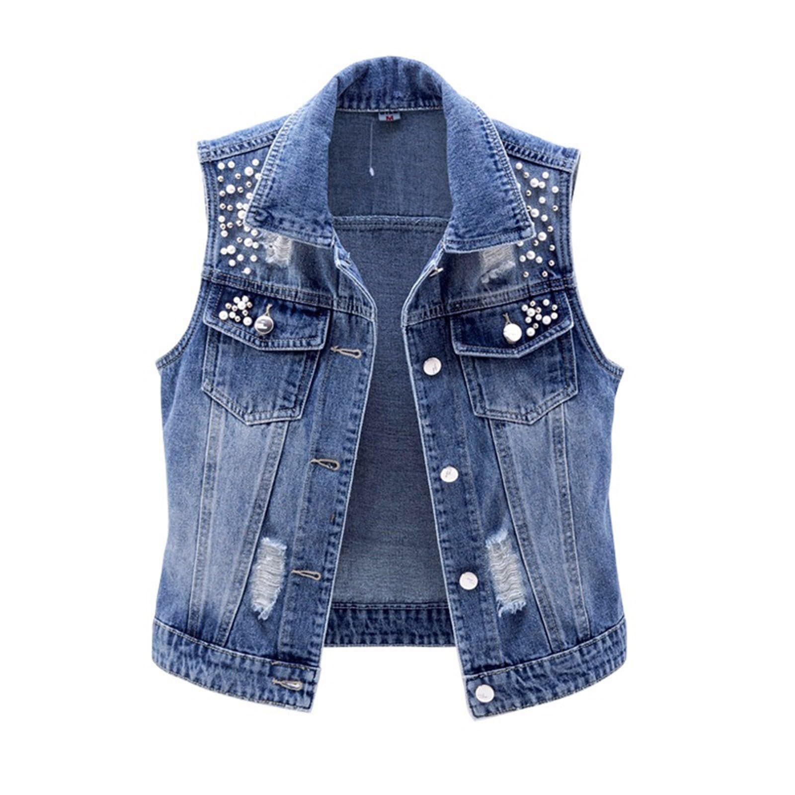 Gilet di jeans da donna, senza maniche, oversize, in jeans da donna, leggero, con perle, con bottoni, elegante, in denim