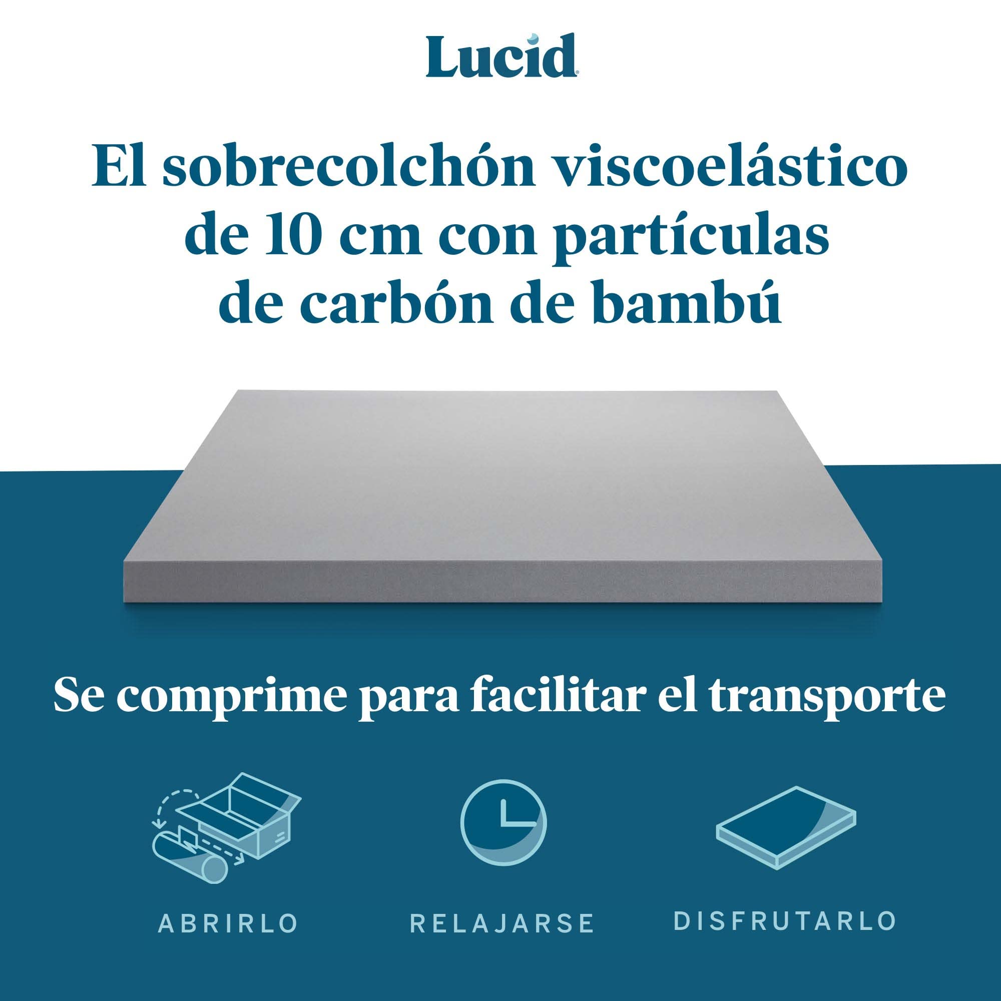 LUCID Sobrecolchón viscoelástico de 10 cm con partículas de carbón de bambú, 160 x 200 cm