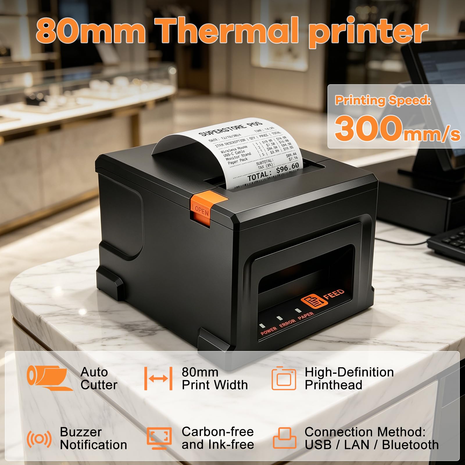 Bondrucker 80mm, Versandetiketten Drucker, USB & Bluetooth& LAN Verbindung | Etikettendrucker, 220mm/s, Inkl 5 Rollen Papier, Für Gastronomie & Einzelhandel, Unterstützung von ESC/POS