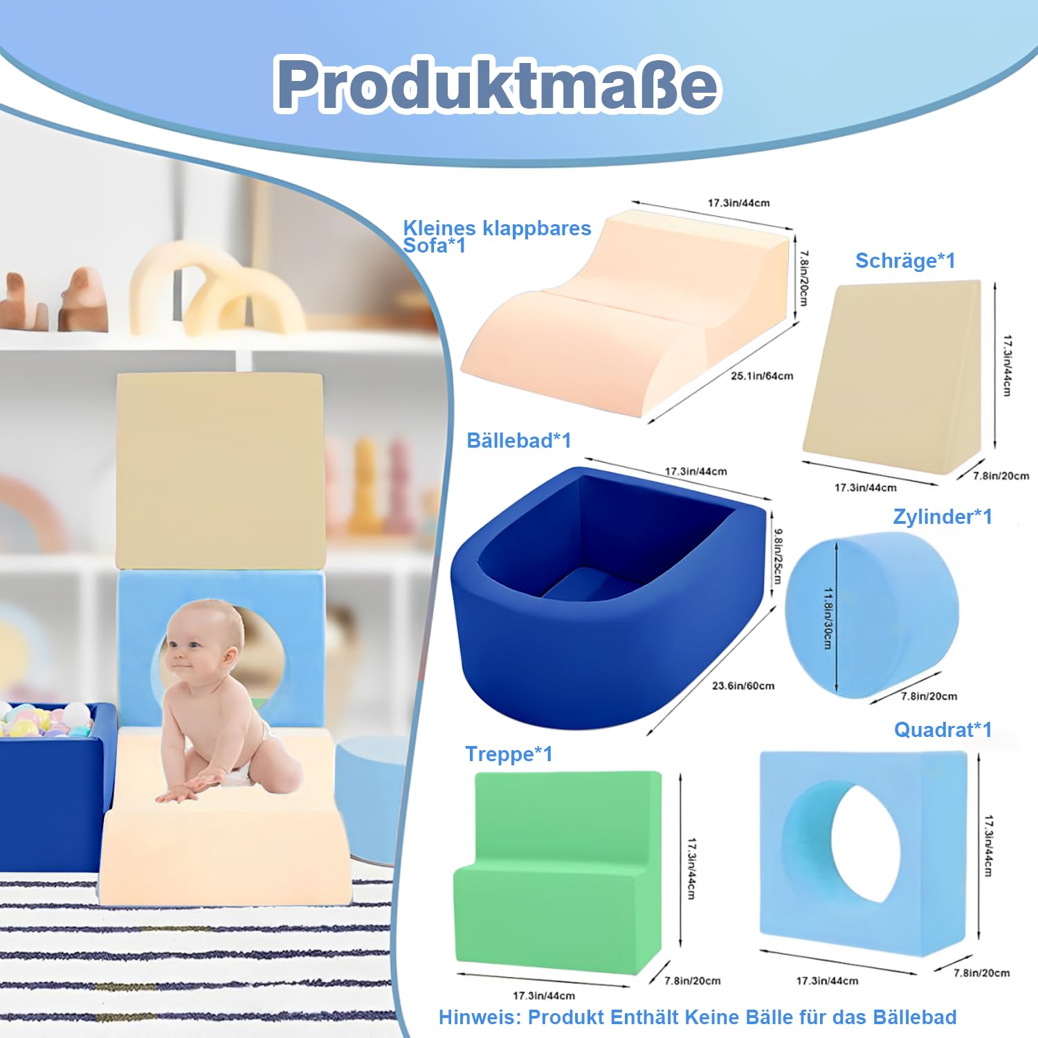 Mattoncini da costruzione in schiuma per bambini da 1 a 3 anni, set softplay da 6 pezzi con blocchi da arrampicata, gioco per arrampicata e gattonare, regalo di compleanno (palline non incluse nella