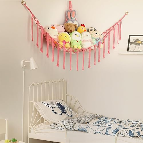Miniatura 5 de Hamaca Esquinera para Animales de Peluche, Red Grande Tejida a Mano para Hamaca de Juguetes de Peluche con Anillos de Madera  Almacenamiento Boho