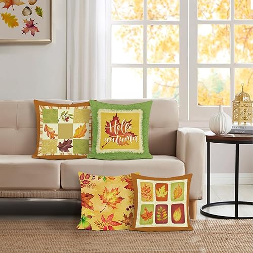 Miniatura 8 de Bonhause Juego de 4 fundas de almohada decorativas de hojas de arce de 18 x 18 pulgadas, fundas de almohada decorativas de hojas de otoño, almohadas