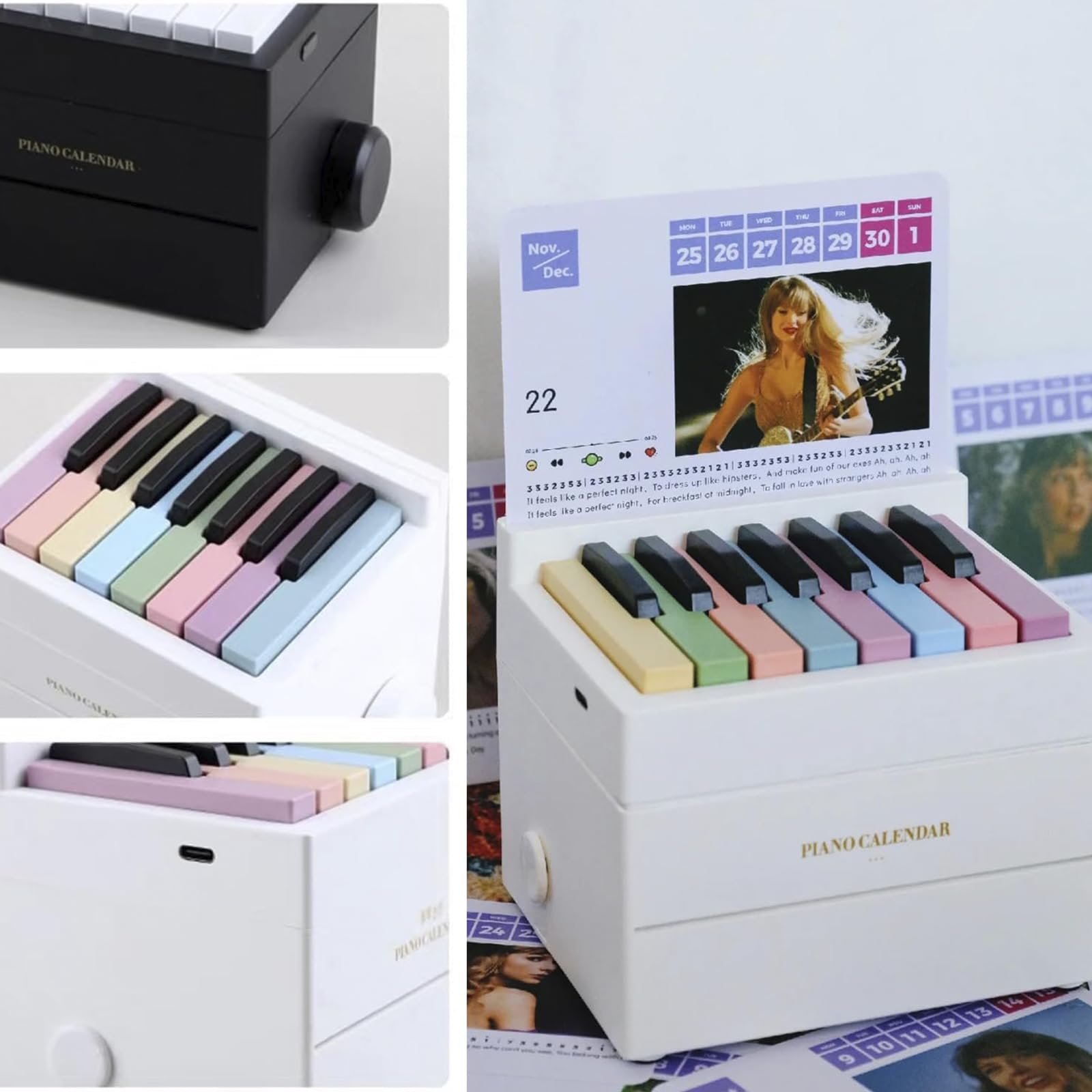 Calendrier Piano Mini 4x4x2'' USB Rechargeable 2024 - Blanc, Décoration Bureau Musical