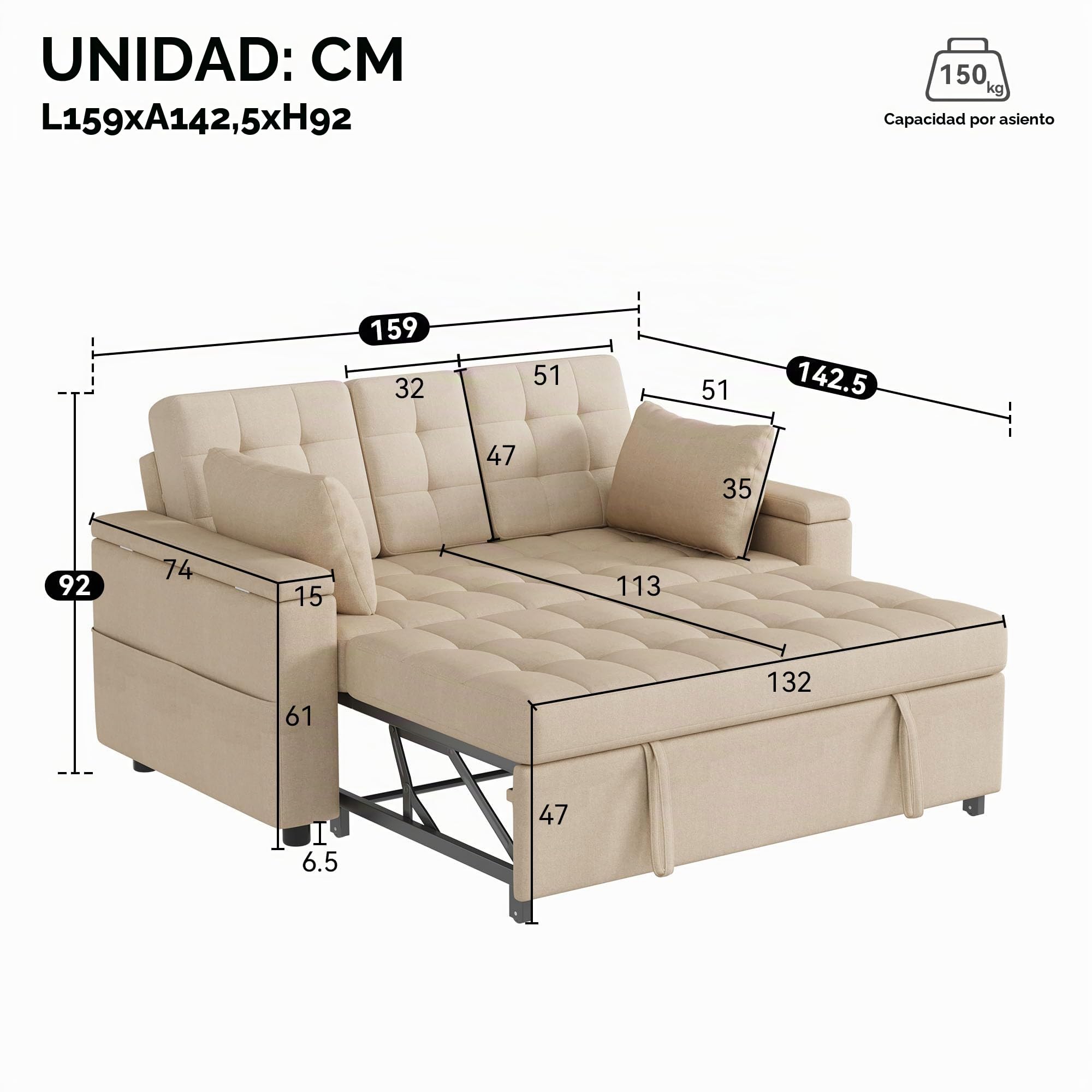 REXO Sofá cama de 2 plazas con espacio de almacenamiento y respaldo ajustable, sofá con reposabrazos y cojines, sofá plegable versátil para salón, dormitorio o apartamento, color beige