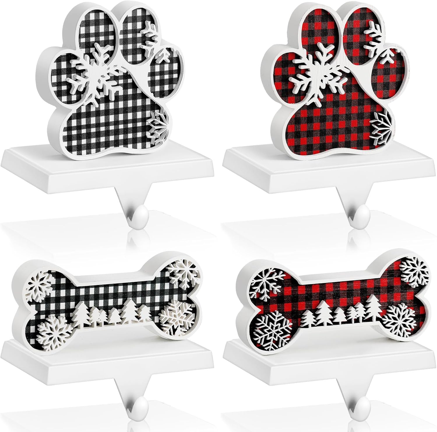 Hicarer Set of 4 Dog Paw Christmas Stocking Holder for Mantle Dog Bone Metal Wooden Stocking Hanger for Fireplace Mantel Decorations Holiday Party