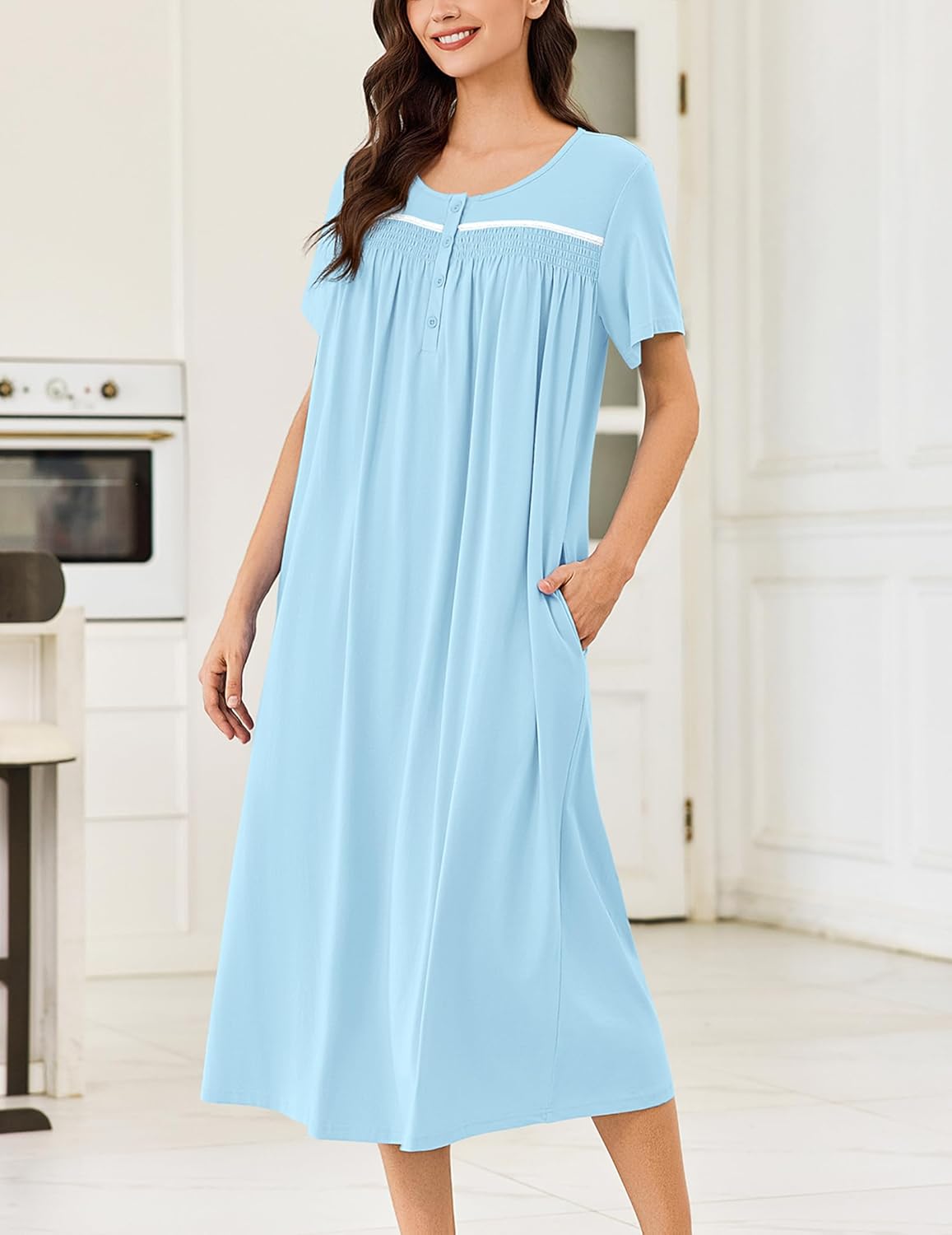 Ekouaer Cotton Nightgowns for Women Long Night Gown Short Sleeve Sleepdress Victorian Sleepwear Nightdress with Pockets - Image 3
