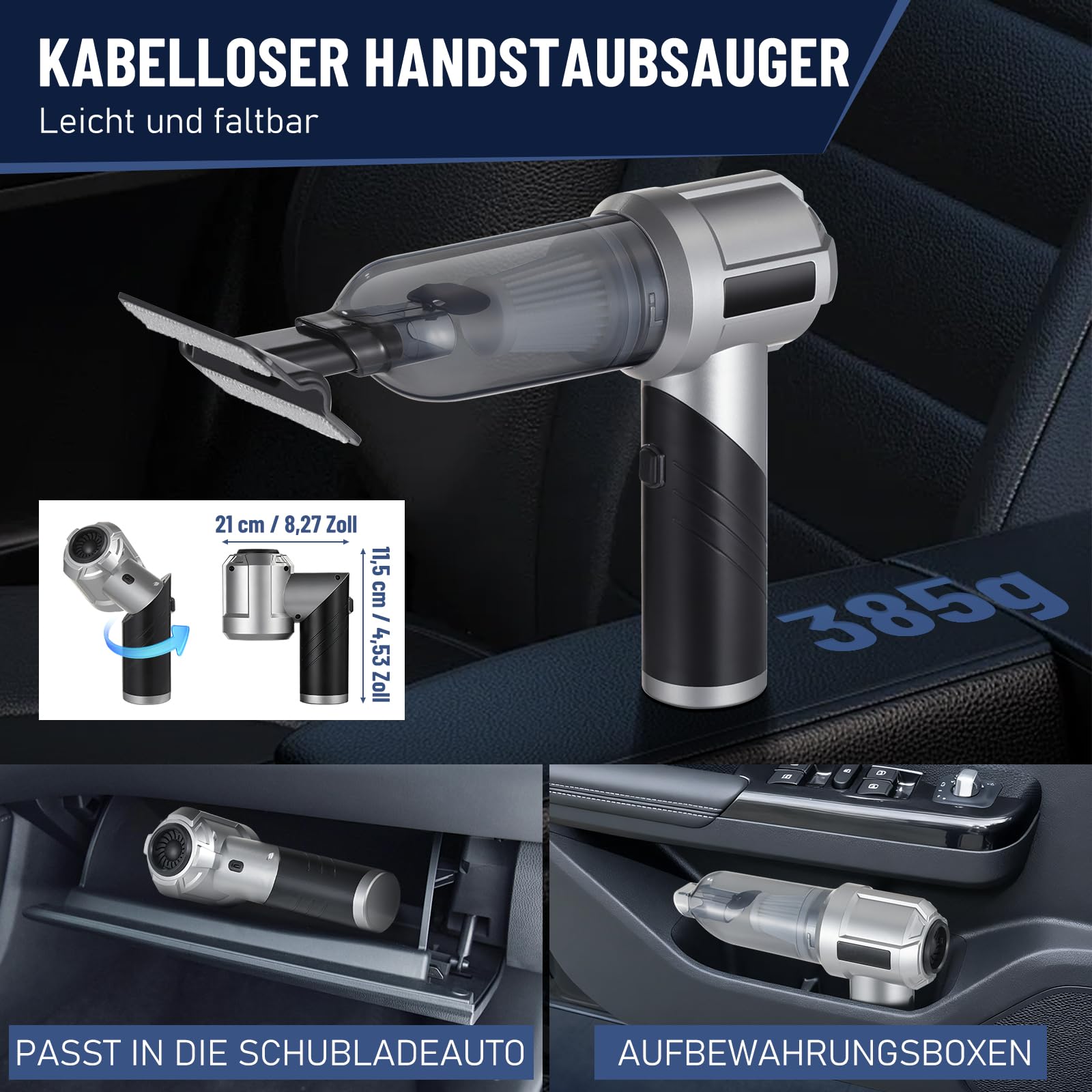 Aspirador de Coche Inalámbrico 16000Pa, 4 en 1 Aspirador de Mano con Batería 6000mAh, Plegable con Indicador de Batería LED y 9 Boquillas para Coche, Hogar, Oficina y Mascotas