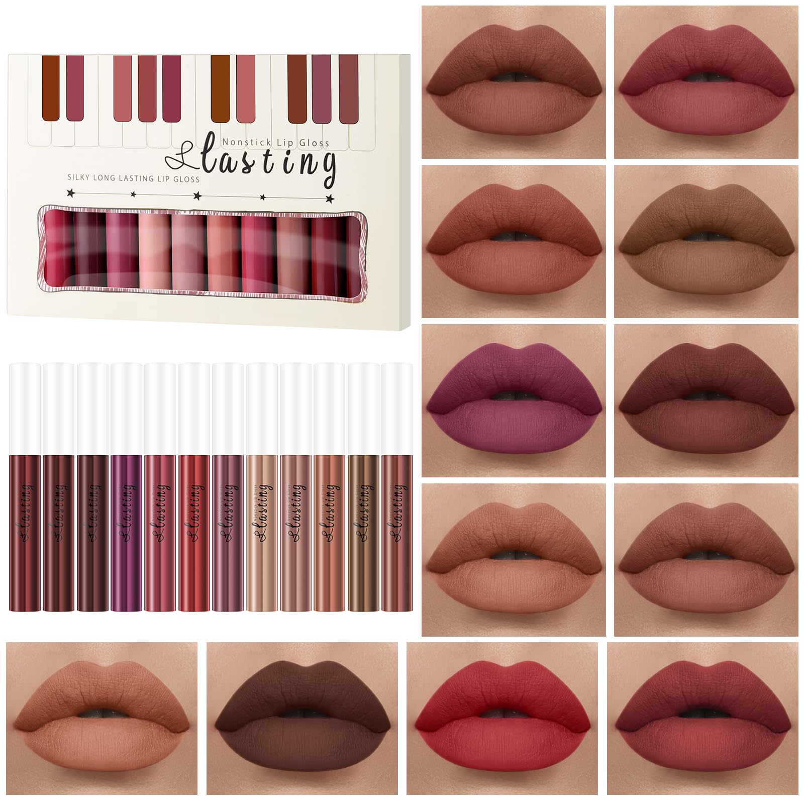 Zestaw trwałych pomadek, 12 x 2,5 g długotrwała matowa szminka, płynna szminka, szminka, wodoodporna szminka, Lip Glaze do makijażu ust dla kobiet walentynki urodziny