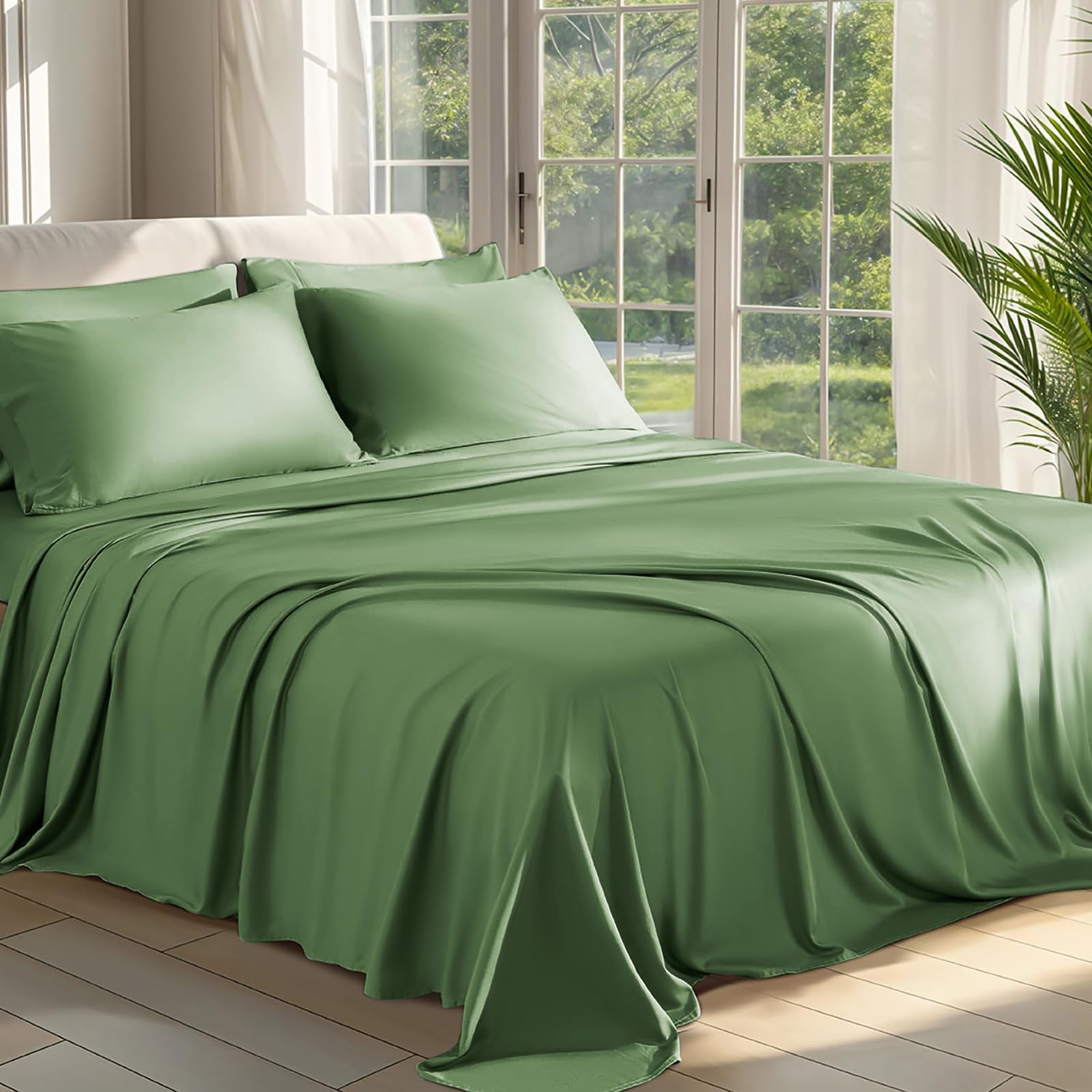 Shilucheng 100% Viscose Derived from Bamboo_ Sheets Queen Size 6pcs - Ultra Cooling & Silky Soft Bed Sheets, 16" Deep Pocket, Perfect for Hot Sleepers