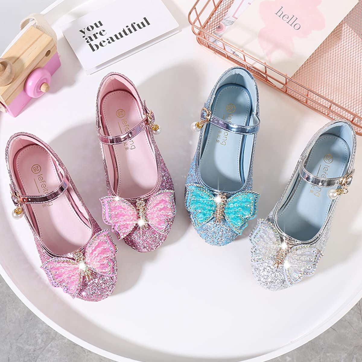 Princesse Fille Chaussure à Talon Enfant Ballerine Paillettes Papillon Danser Date d'anniversaire Fête des Enfant Sandales Mariage Halloween Noël Carnaval Cosplay Déguisement,Argent,25