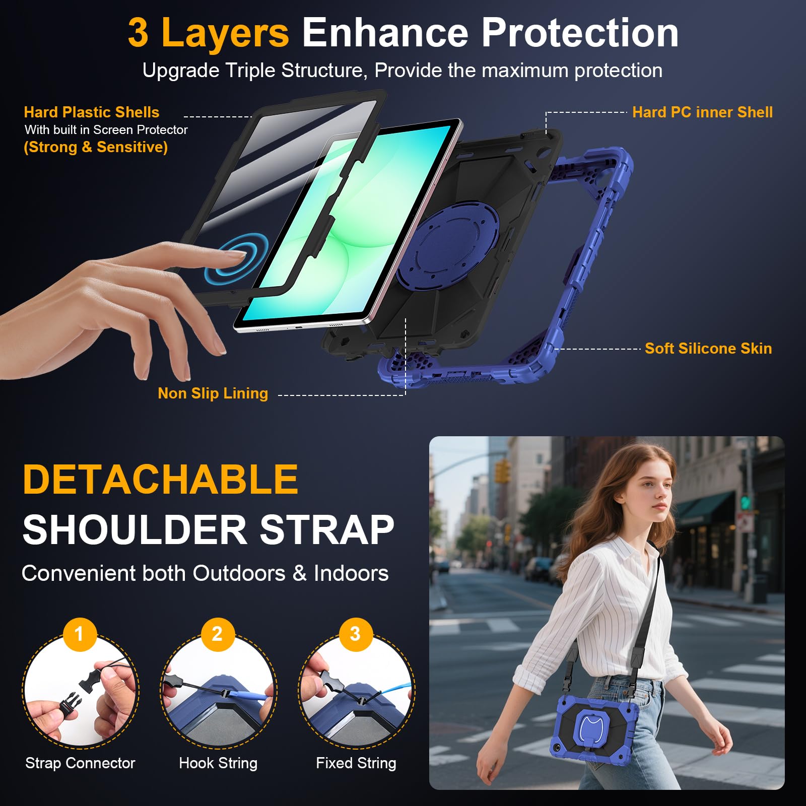 Custodia per Samsung Galaxy Tab A11+ Plus/A9+ Plus 11" 2025/2023, Auorld robusta custodia per tablet Samsung Galaxy A9+/A11+ con pellicola protettiva per lo schermo, supporto rotante a 360 gradi