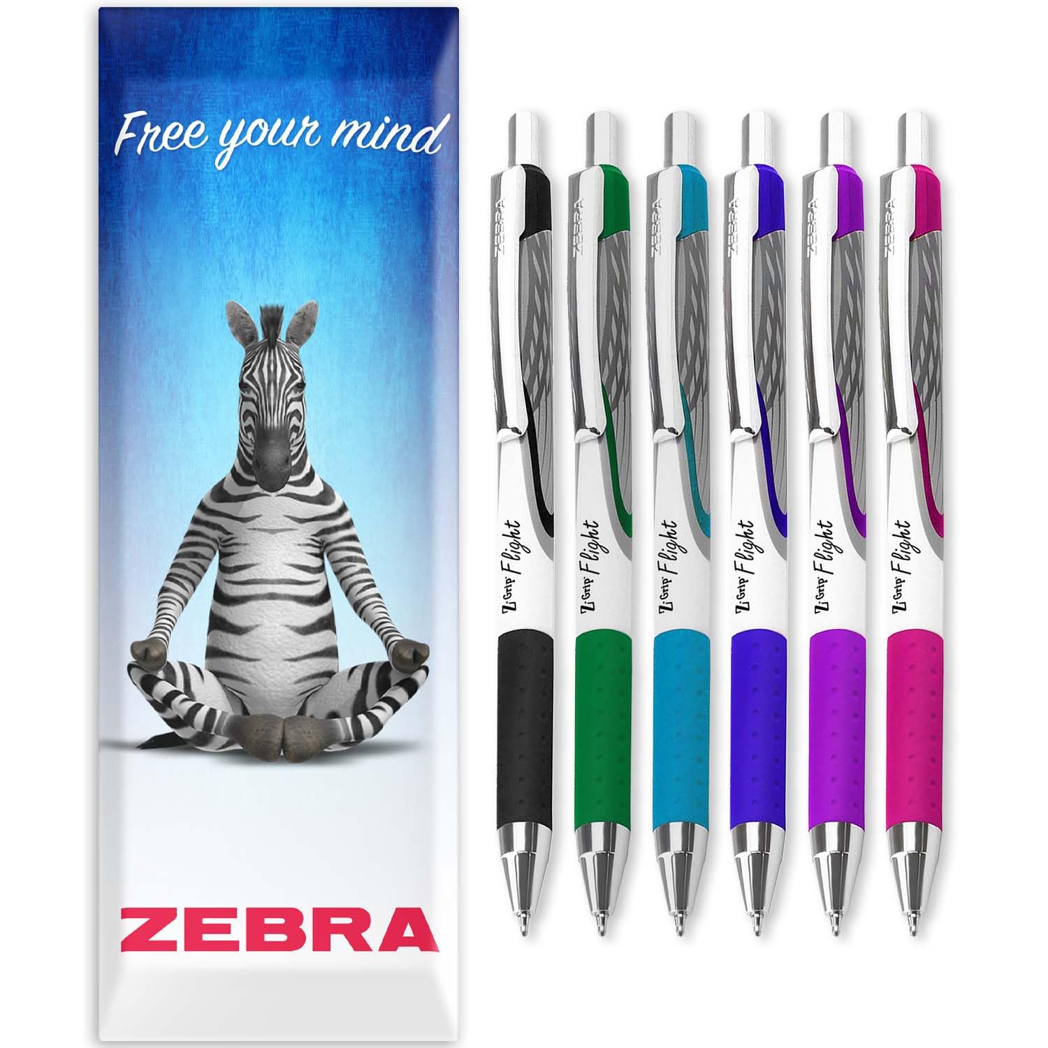 Zebra Classic Z-Grip Flight Ballpoint Pens - 1.2mm - Black, Green, Blue, Light Blue, Purple, & Pink Ink - Pack of 6 - In Envelope Gift Packaging