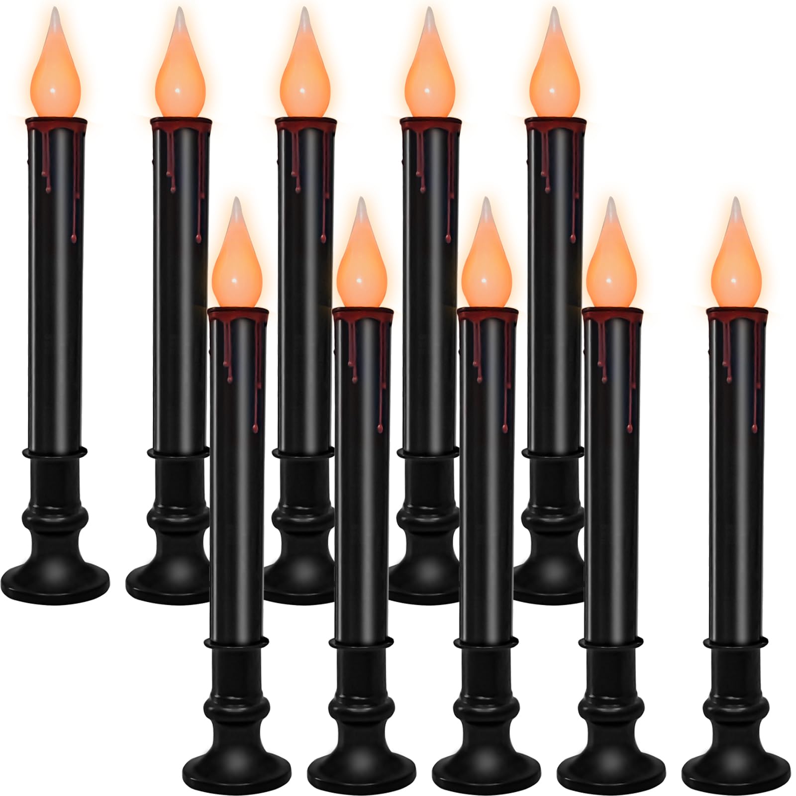 SUNSGNE Battery Operated Window Candles, Flameless Window Candles with Auto Timer for Holiday Home Table Halloween Decor, 10 Pack, Black Base