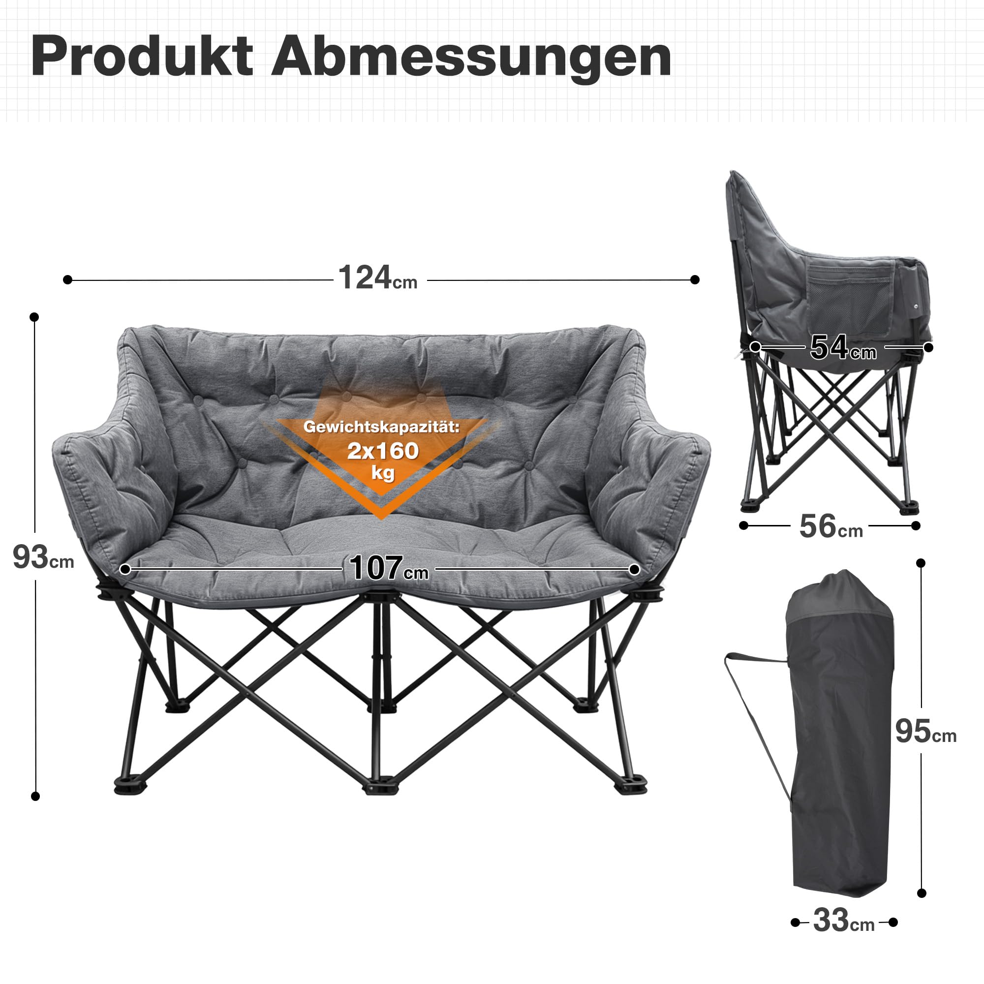 Podwójne krzesło kempingowe, składane, sofa kempingowa dla 2 osób, 320 kg, tapicerowane krzesło kempingowe, sofa kempingowa z 2-osobowym siedziskiem, do użytku wewnątrz i na zewnątrz