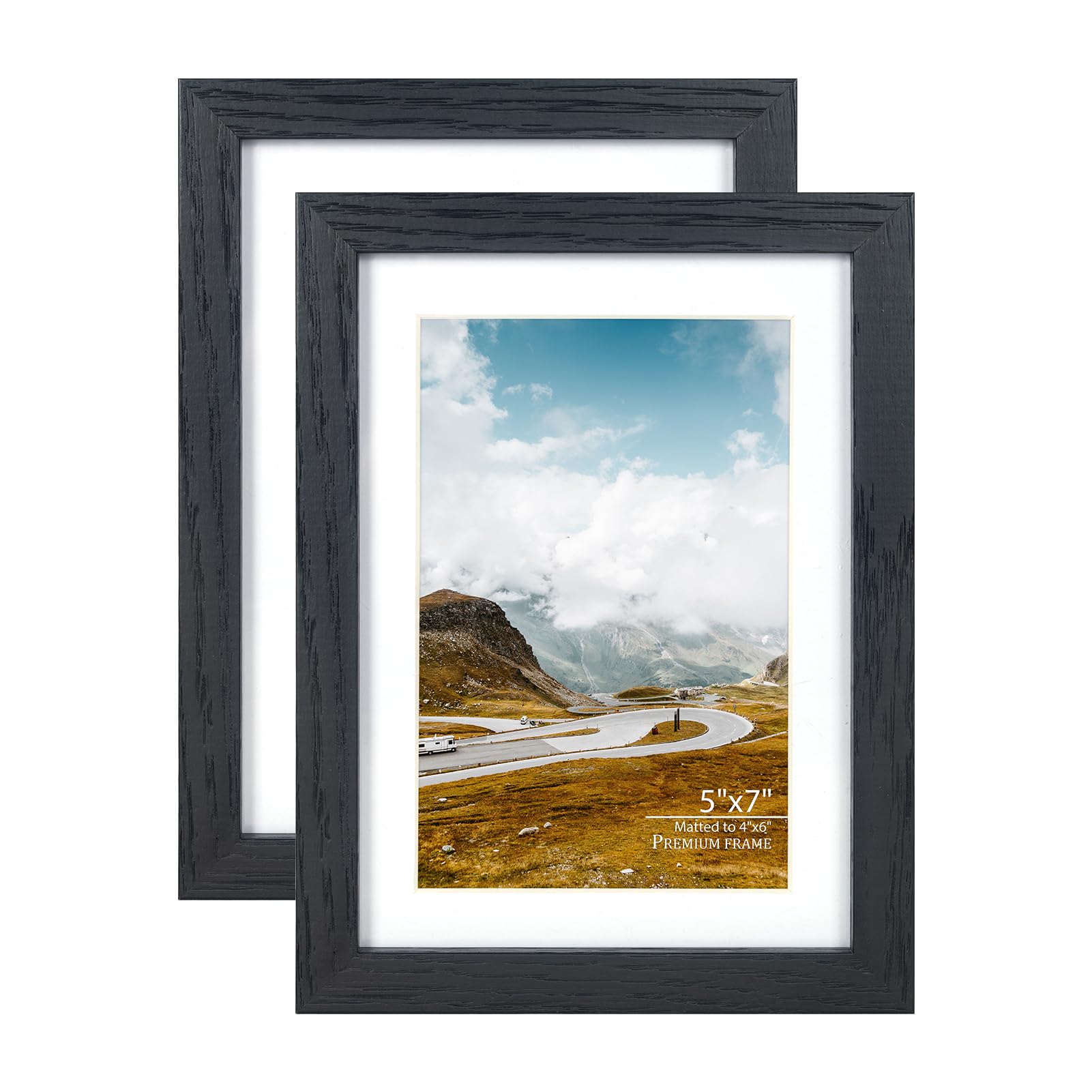 5x7 Picture Frame Black Set of 2, Made of Real Glass and Oak 5 x 7 Photo Frames, Display Picture 4x6 with Mat or 5x7 Without Mat, For Tabletop or Wall Mounting.