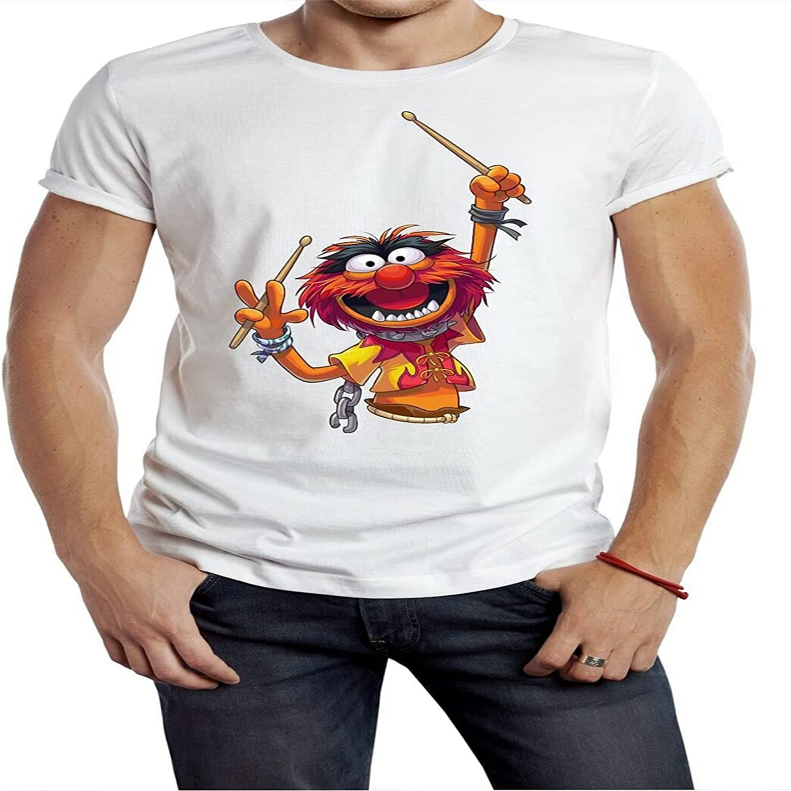 BOMBYAnimal Personalised t Shirt UKs Muppet White 80s 90s Retro Tee Drummer Funny Wild Kermit Piggy