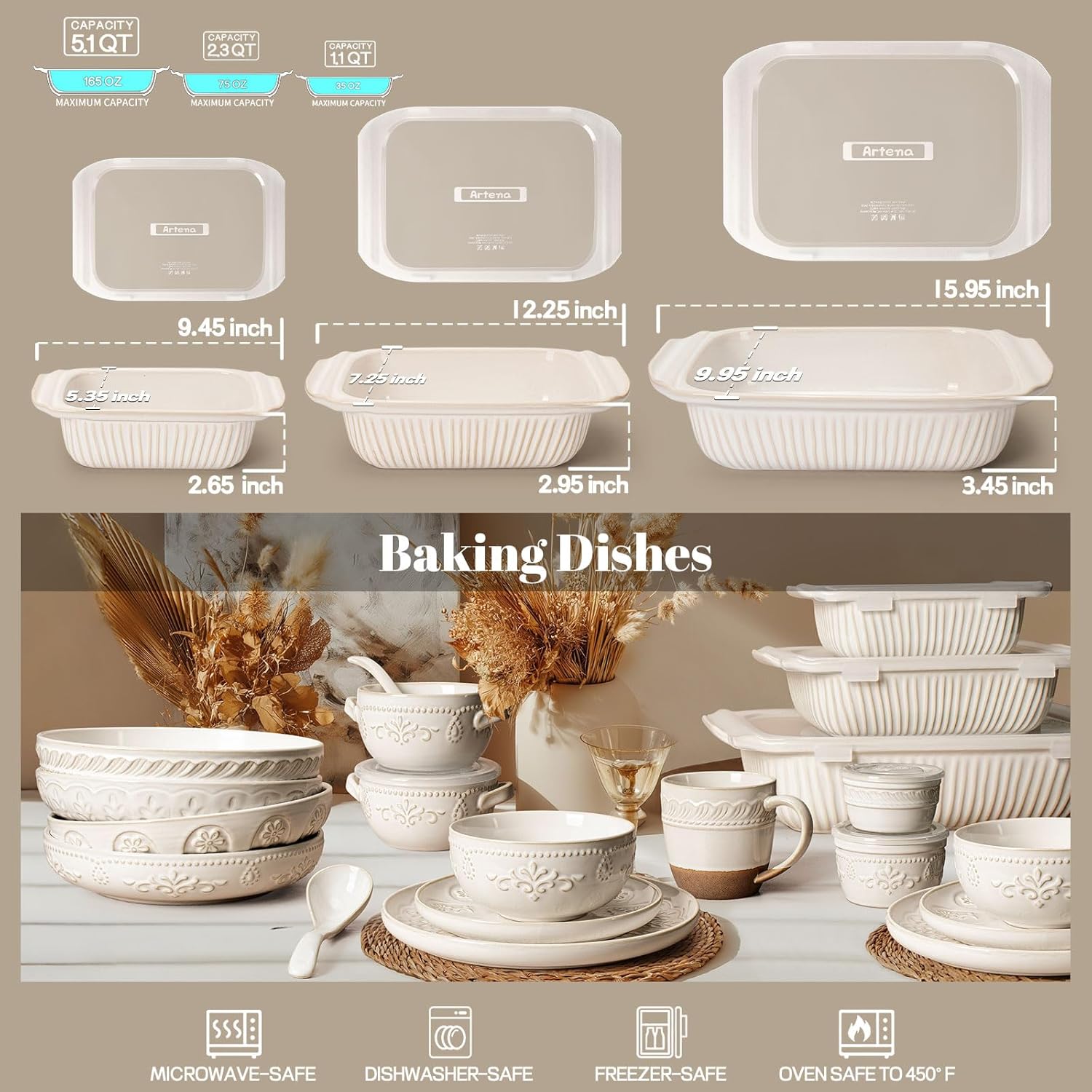 Artena Casserole Dishes For Oven, Ceramic Baking Dish, Large Lasagna Pan With Handles, Baking Pan Casserole Dish, Rectangular Bakeware Deep, White, Set Of 3 (5.1Qt/2.3Qt/1.1Qt) (Baking Dish With Lids) - Image 7