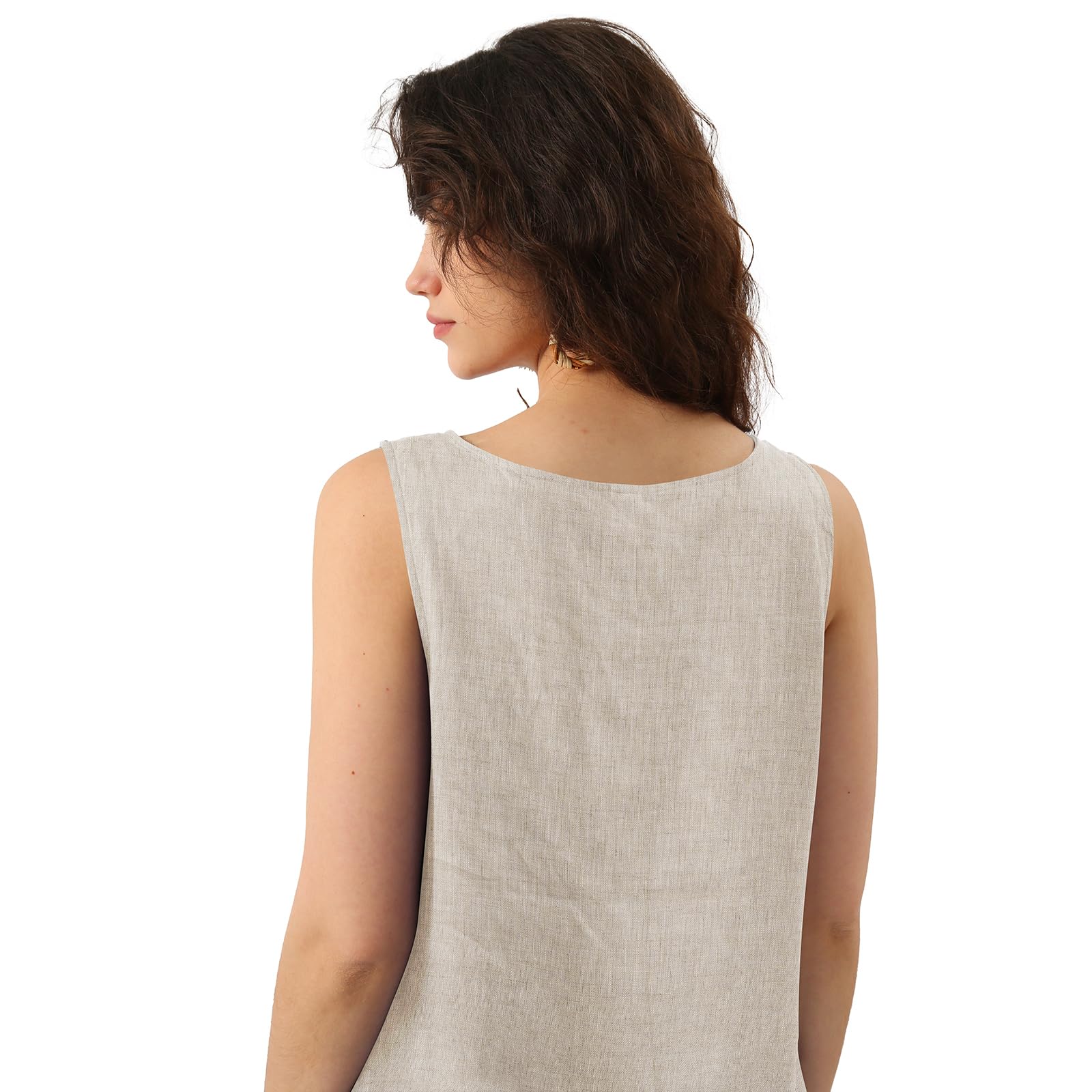 Amazhiyu Vestido de lino para mujer, sin mangas, vestido de verano, vestido de playa, vestido midi hasta la rodilla, cuello redondo, sin mangas, con bolsillos