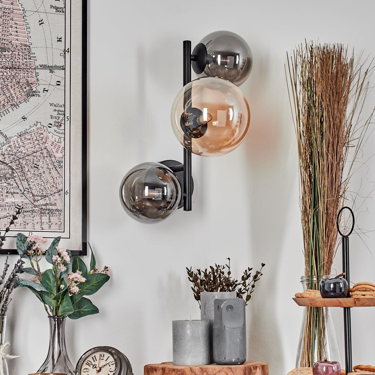 HOFSTEIN Wandleuchte Chehalis, Wandlampe aus Metall/Glas in Schwarz/Rauch/Bernstein, moderne Leuchte im Vintage-Design (Ø Schirme 12; 15 cm), G9, Wohnzimmer, Schlafzimmer, Küche, Flur, Treppenhaus