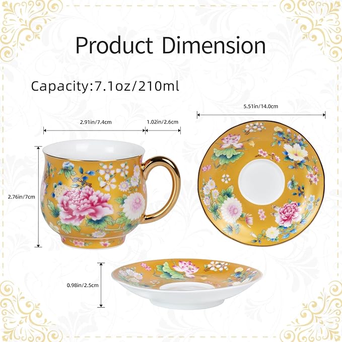 KAMMAK tea cups and saucers set of 2 - vintage floral porcelain cups with gilded rim and matching saucers