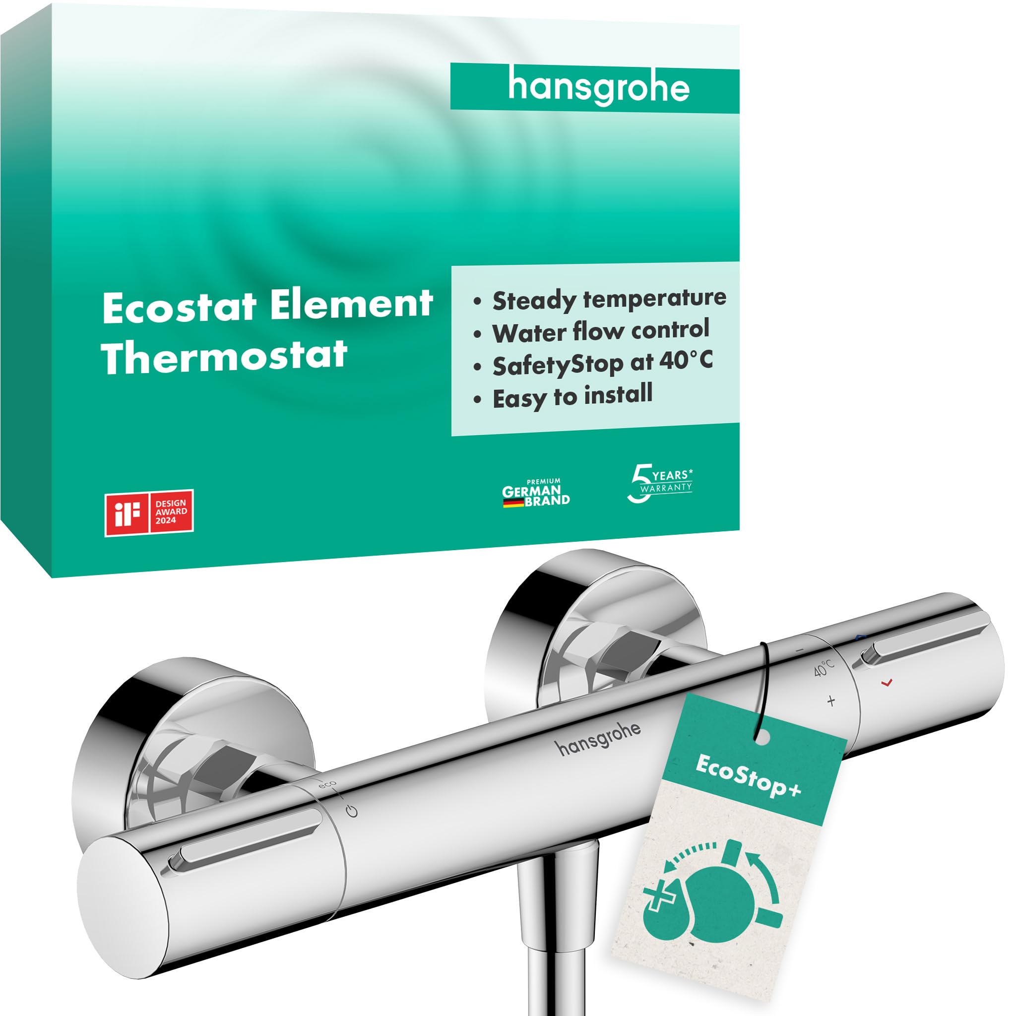 hansgrohe Ecostat Element, Shower Thermostat Exposed with EcoStop+, Thermostatic Shower Mixer with Safety Stop at 40 °C