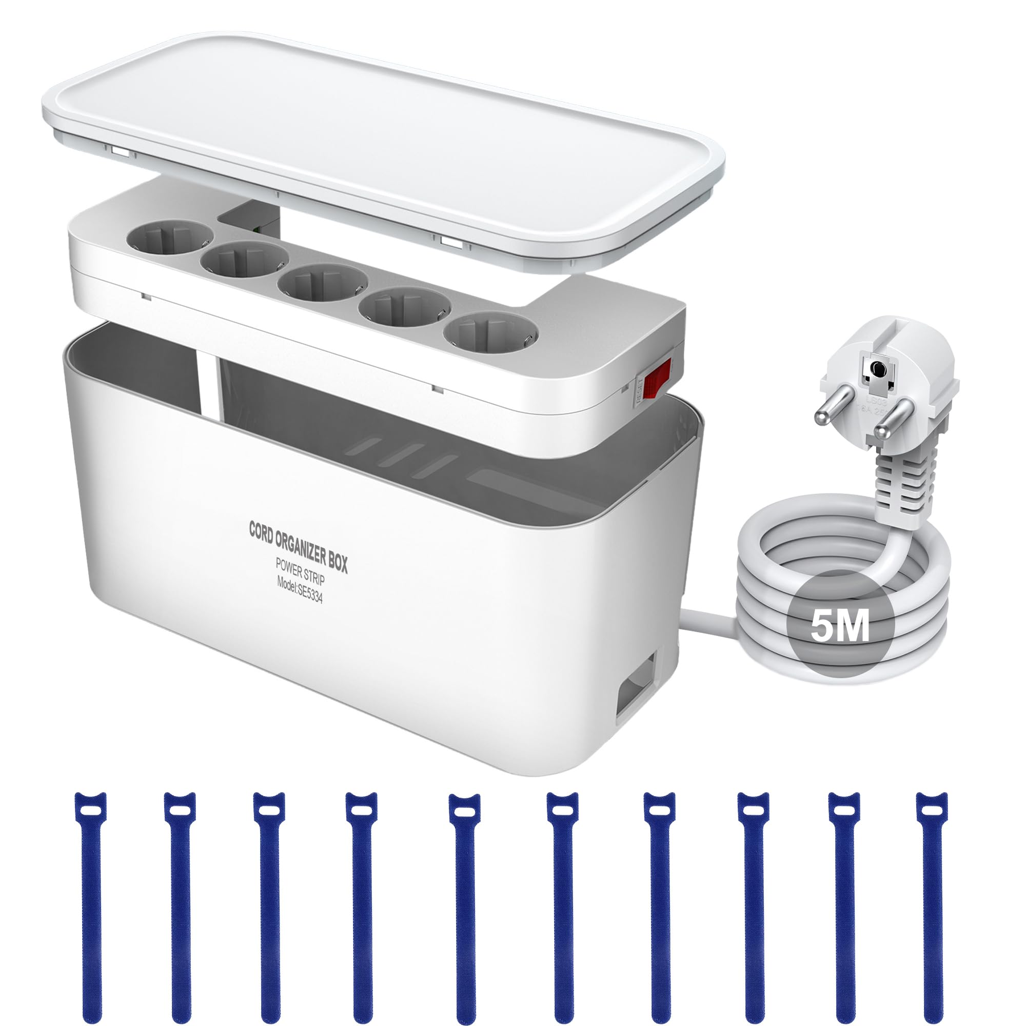 Kabelbox mit Steckdosenleiste USB C Überspannungsschutz 5-Fach Mehrfachsteckdose mit 3 USB Ladeanschlüsse, Kabel Organizer Box Steckdosenadapter, 29,5 x 14 x 14 cm, 5m Kabel, Weiß