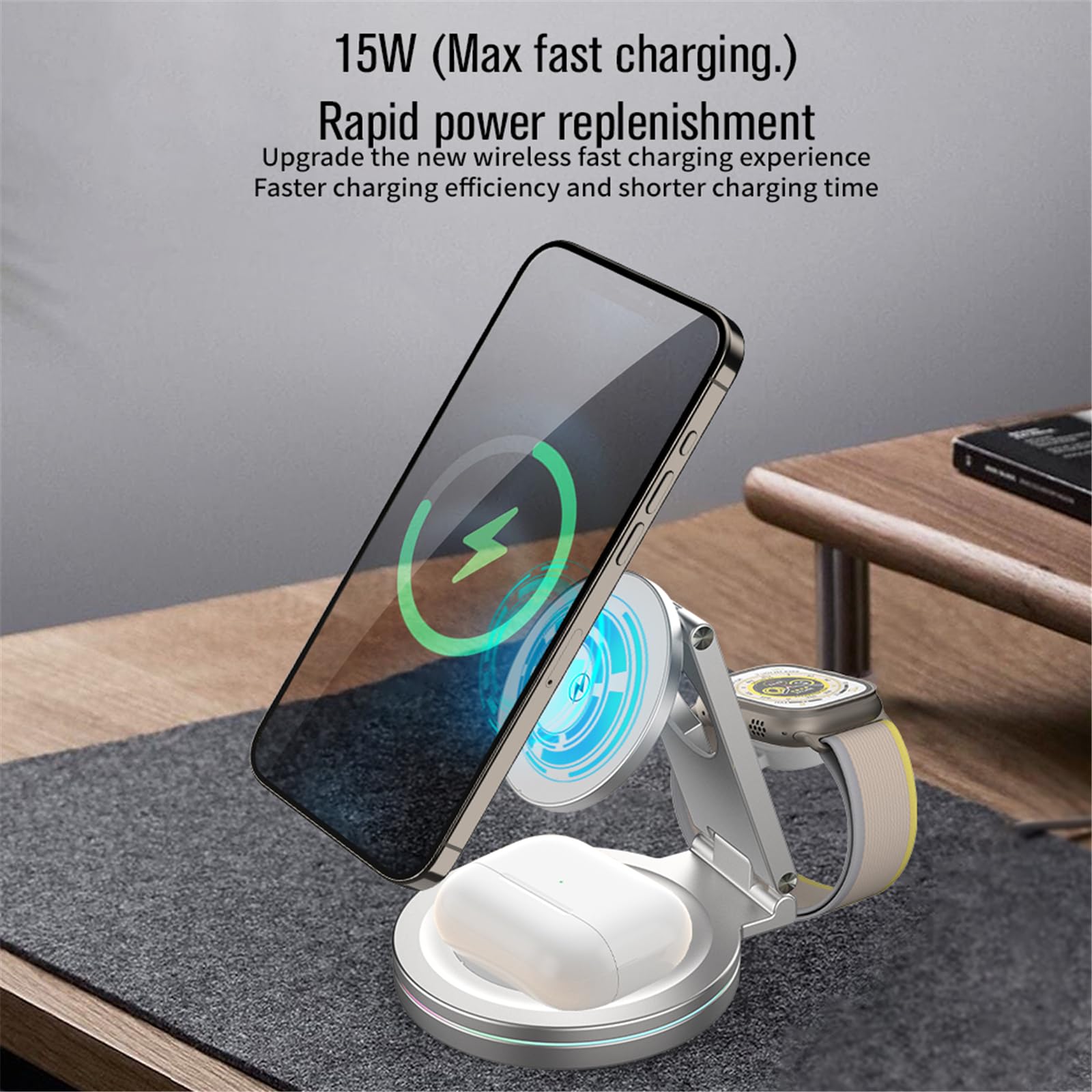 Support de charge pliable 3 en 1 rotatif à 360 degrés en métal pour téléphone, montre, écouteurs, plusieurs appareils