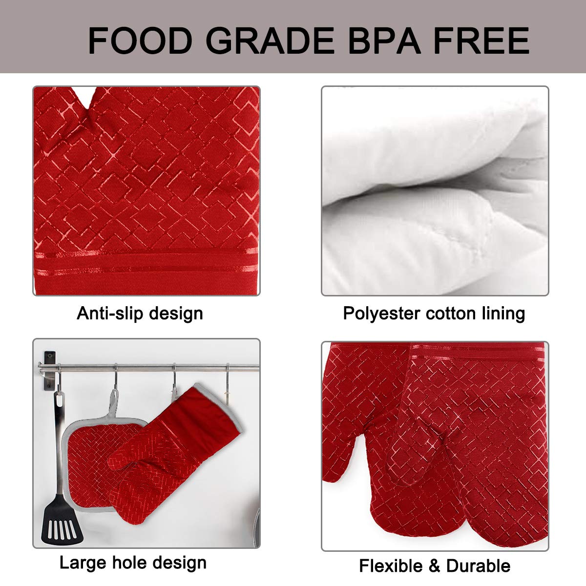 Guantes de Horno, Guantes Horno, Guantes y Agarraderas para Horno, Juegos de Guantes de Silicona Profesionales Antideslizantes Resistentes al Calor, Guantes de Cocina para Cocinar, Hornear y Asar(rojo